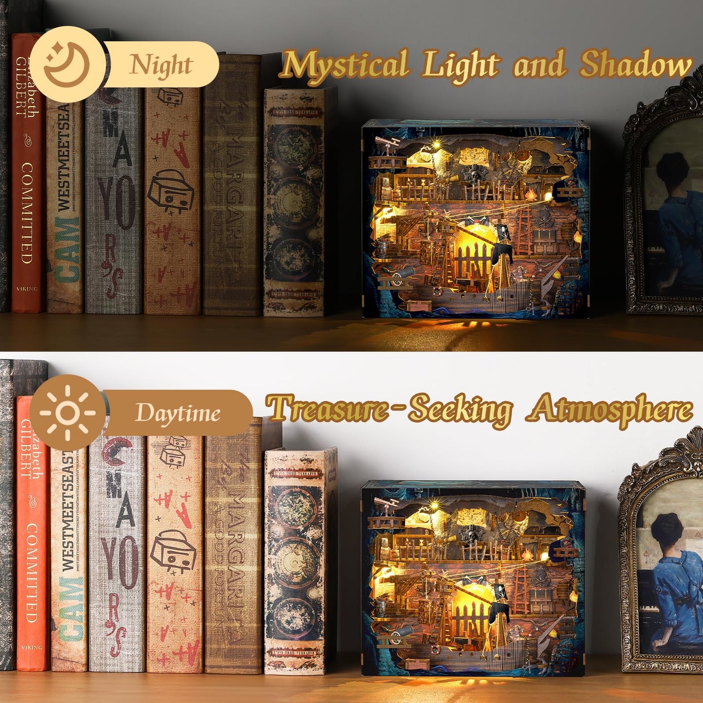Pirate Book Nook Kit - DIY 3D Wooden Puzzle Miniature House with LED Lights - 400 Pieces - Creative Crafts for Adults - Bookshelf Insert Decor - Educational Gift for Family & Friends