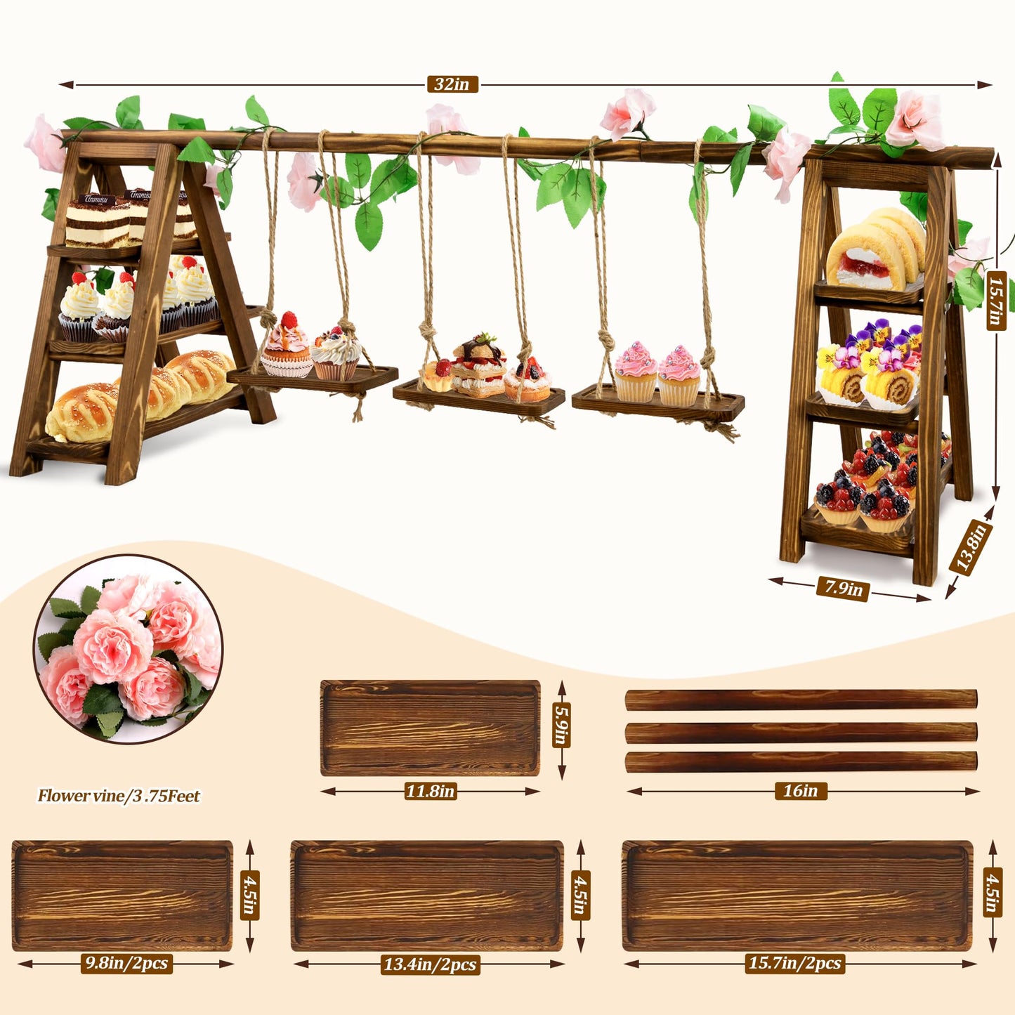 meiqidi Foldable 3-Tier Wooden Cake Stand with Removable Trays & Flower Decor - Display for Cupcakes, Desserts, Fruit, Snacks, Party & Catering Food Presentation