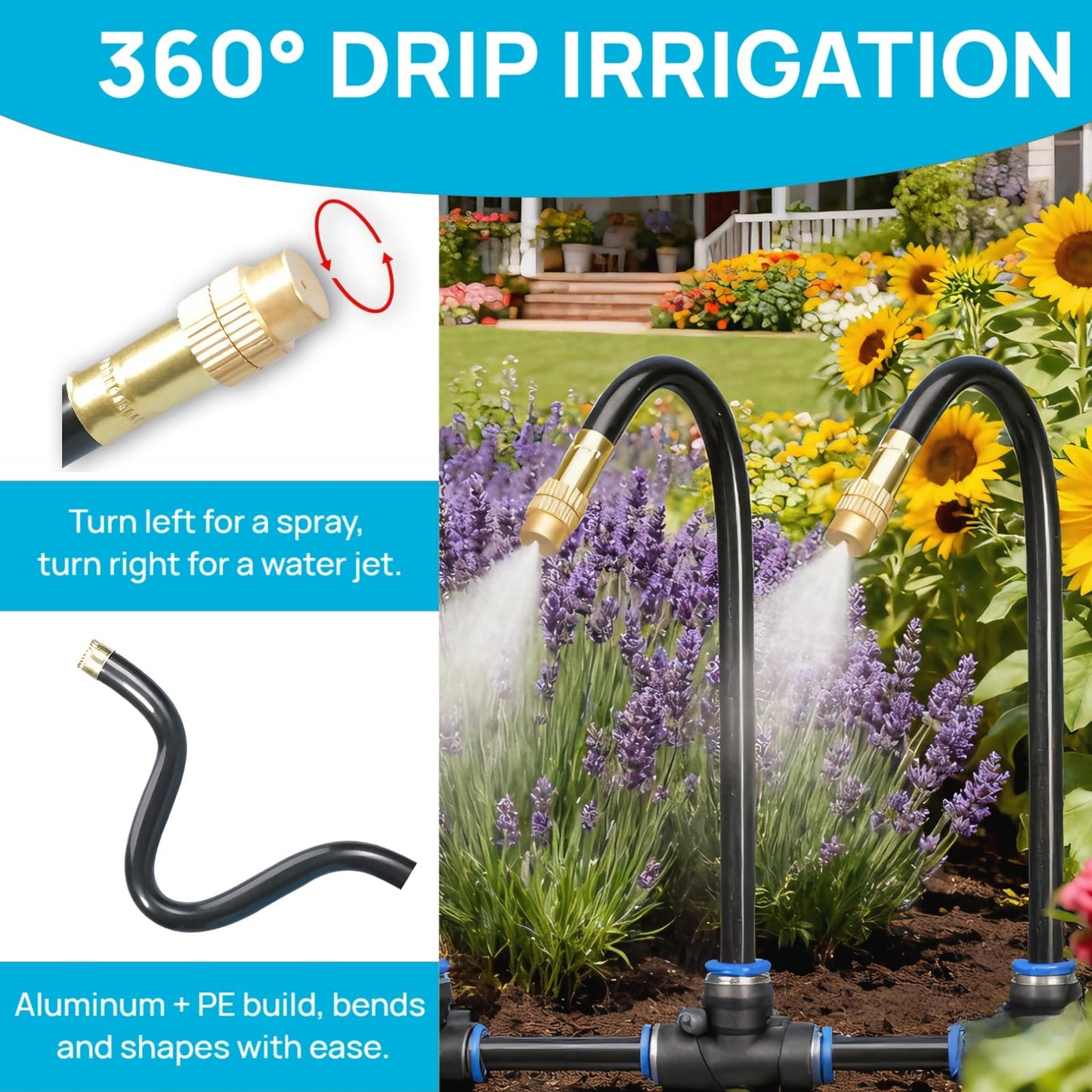 360° Adjustable Drip Irrigation System - 50FT 15/32inch Hose, High Water Flow，No Drying Out，Garden Watering Atomizing System with 16 Copper Nozzles，Suitable for Gardens, patios, Plants, Farms