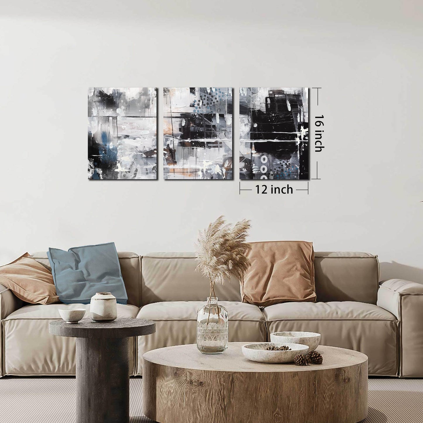 HUBOSKN Abstract Wall Art for Living Room - Modern Black and White Wall Art for Bedroom - Home Office Wall Decor Size 12" x 16" x 3 Piece