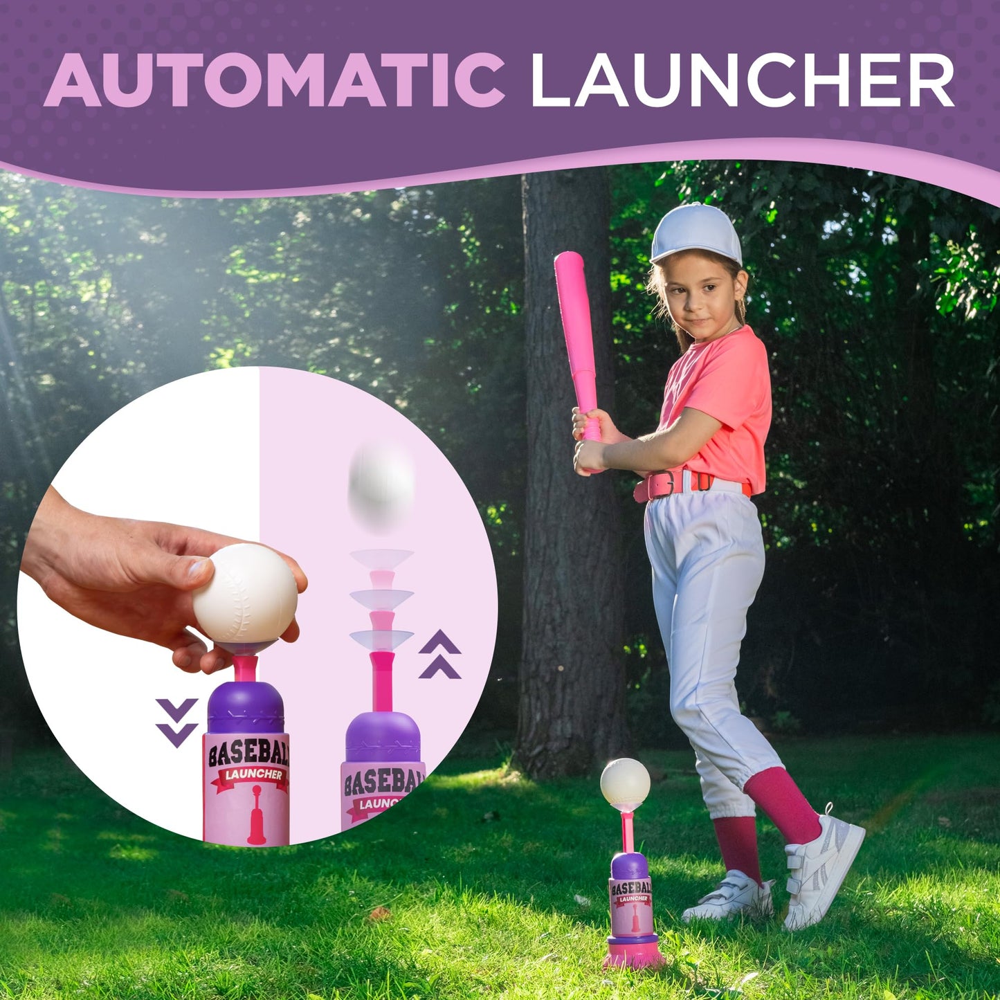 T Ball Stand for Kids and Toddlers 1-3, 3-5, 5-8. Baseball Set Includes 6 Large Balls, an Adjustable Tball Batting Tee, and a Pitching Machine. Kids Bat and T-Ball Set