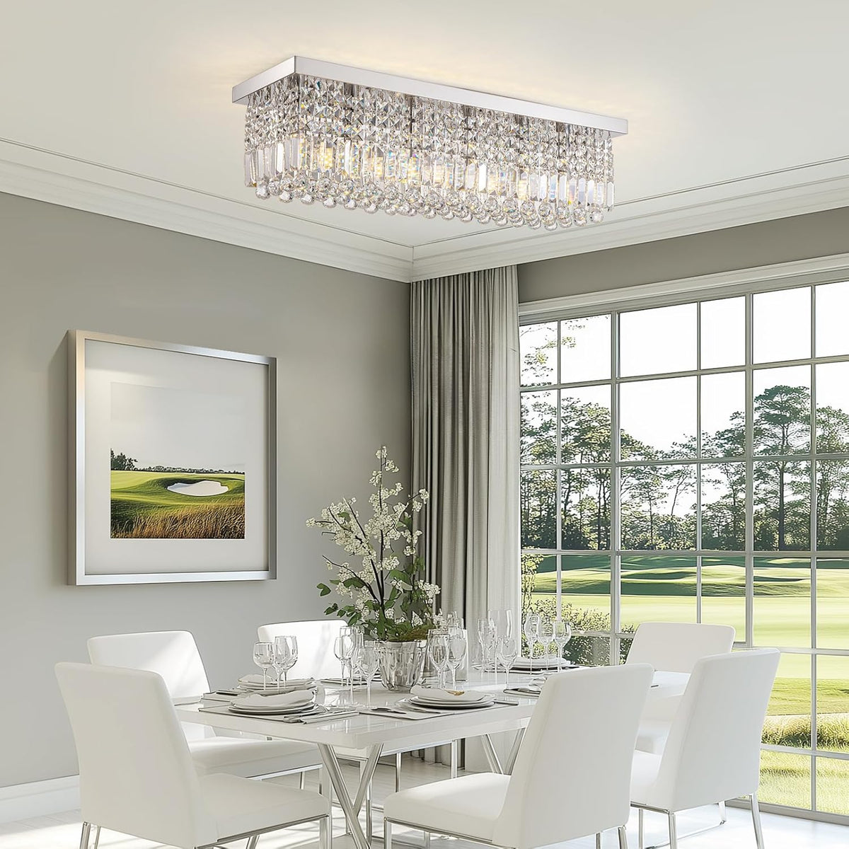 Rectangular Chandelier, Flush Mount Rectangle Chandelier Modern K9 Crystal Chandeliers Light Fixture, 6-Lights Raindrop Crystal Pendant Ceiling Light for Dining Room Bedroom Bar Club L31.5 Inch