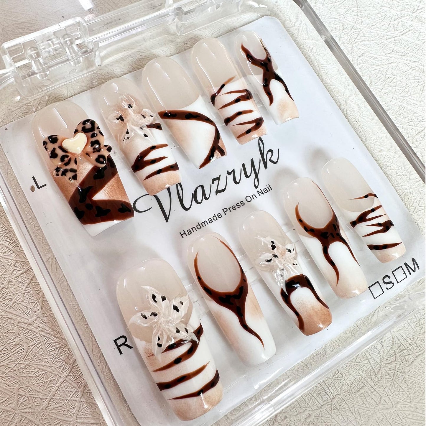 Handmade Press on Nails with Charms - Long Square French False Nails, Stars, Leopard, 3D Flower Embossed Designs for Women & Girls, Nail Kit S SIZE