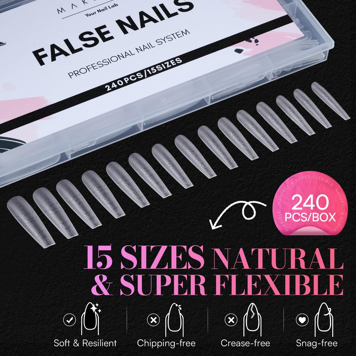 Makartt Extra Long Coffin Nail Tips with Built-In Length and Shape Guides, 240PCS 15 Sizes, Dual Matte Full Cover for Easy Reshaping to Almond, Square, Oval Tips for Beginners, DIY Nails, Salon Supply
