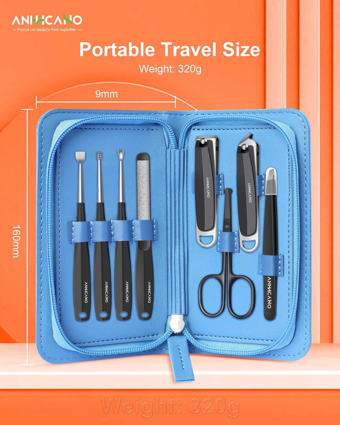 Manicure & Pedicure Kit for Men & Women, ANIHICANO 8-in-1 Premium Stainless Steel Personal Care Tools Set with PU Leather Case, Travel-Friendly for Home & Professional Use (Black)