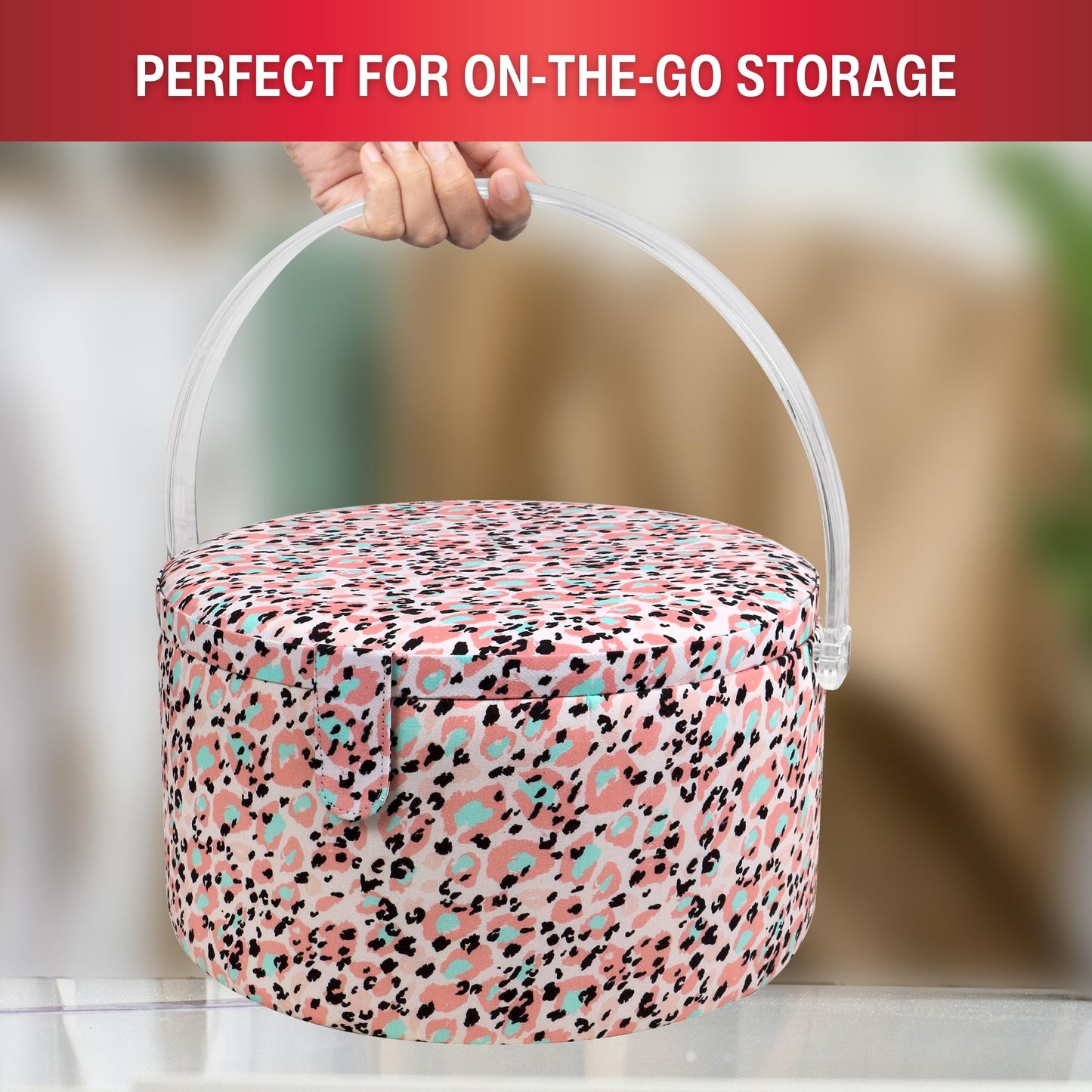 SINGER Large Round Sewing Basket with Emergency Travel Sewing Kit & Matching Zipper Pouch - Rose Pink Leopard Print