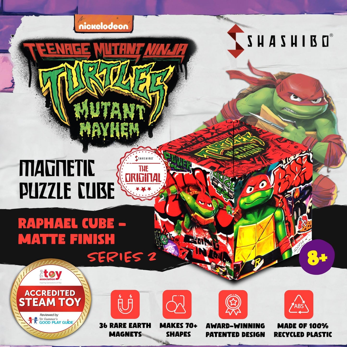 SHASHIBO Teenage Mutant Ninja Turtles Shape Shifting Box - STEM Magnetic Fidget Cube that Transforms Into Over 100 Shapes, Download Fun in Motion Toys Mobile App (Raphael)