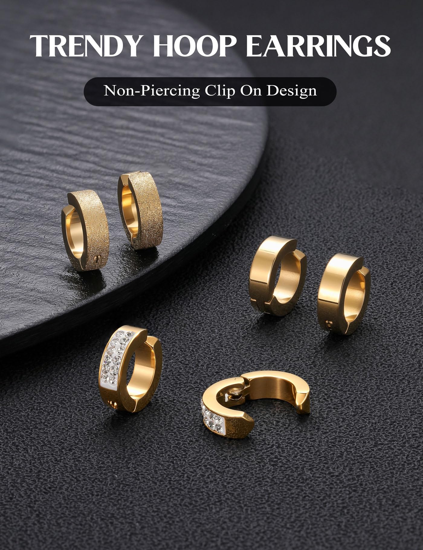 Jstyle 3 Pairs Stainless Steel Mens Womens Hoop Earrings Clip On CZ Non-Piercing G