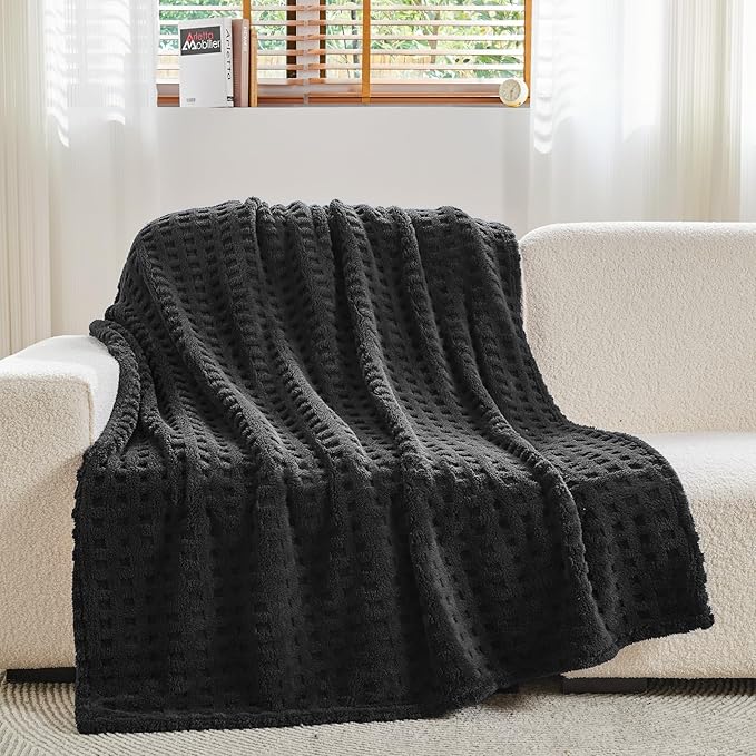 NEWCOSPLAY Super Soft King Blanket Black Premium Silky Flannel Fleece 3D Waffle Checkered Lightweight Bed Blanket All Season Use (Black, King(90"x110"))