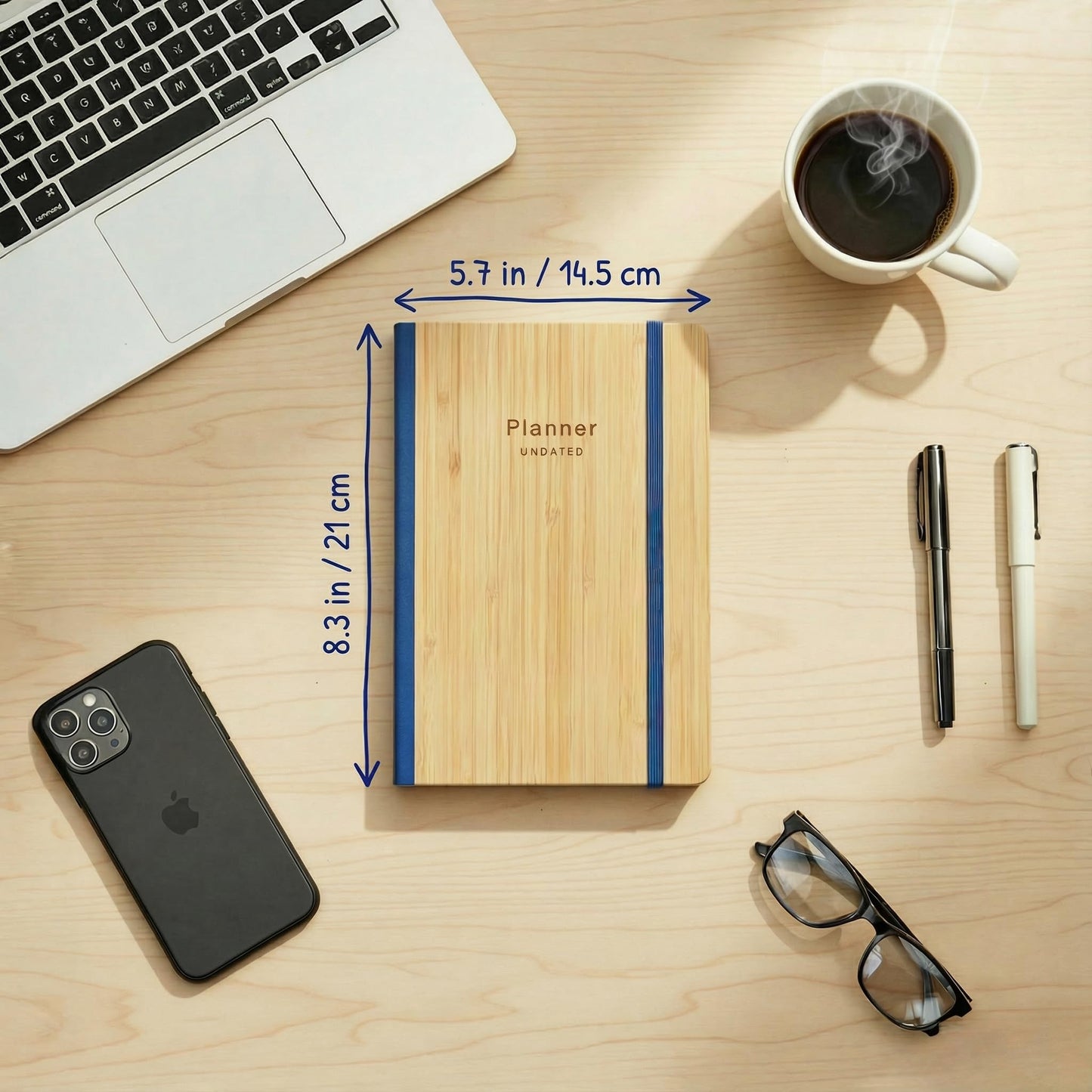 AuroPlanner Bamboo Cover Undated Portable Planner Notebook – Daily, Weekly & Monthly Organizer, Lay-Flat A5 (5.7” × 8.3”), 100 GSM Paper, 160 Pages, 4-Month Layout (Blue)