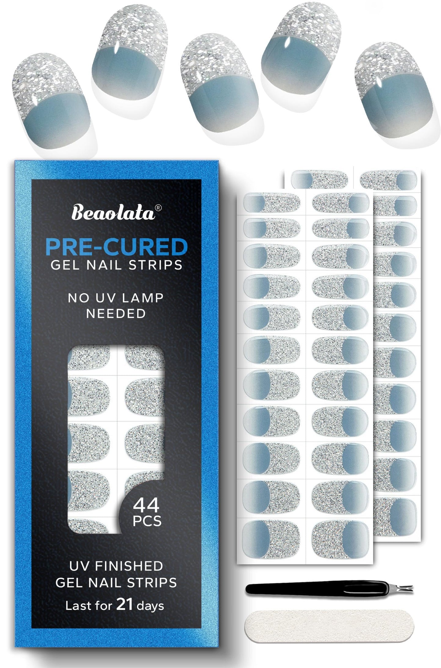 Beaolata Real Gel Nail Strips (No UV Light Needed) - 44Pcs Salon Quality Nail Stickers - Long Lasting Polish Wraps for Women, Easy Apply & Remove (Dreamy Blue）