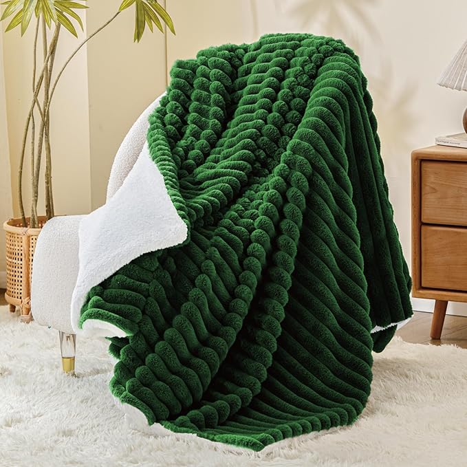 INFIIXSO Sherpa Throw Blanket for Couch - Super Soft & Warm Striped Fleece Blanket, Cozy Plush Fluffy Blanket All Season Use (Dark Green, 50x60 Inches)