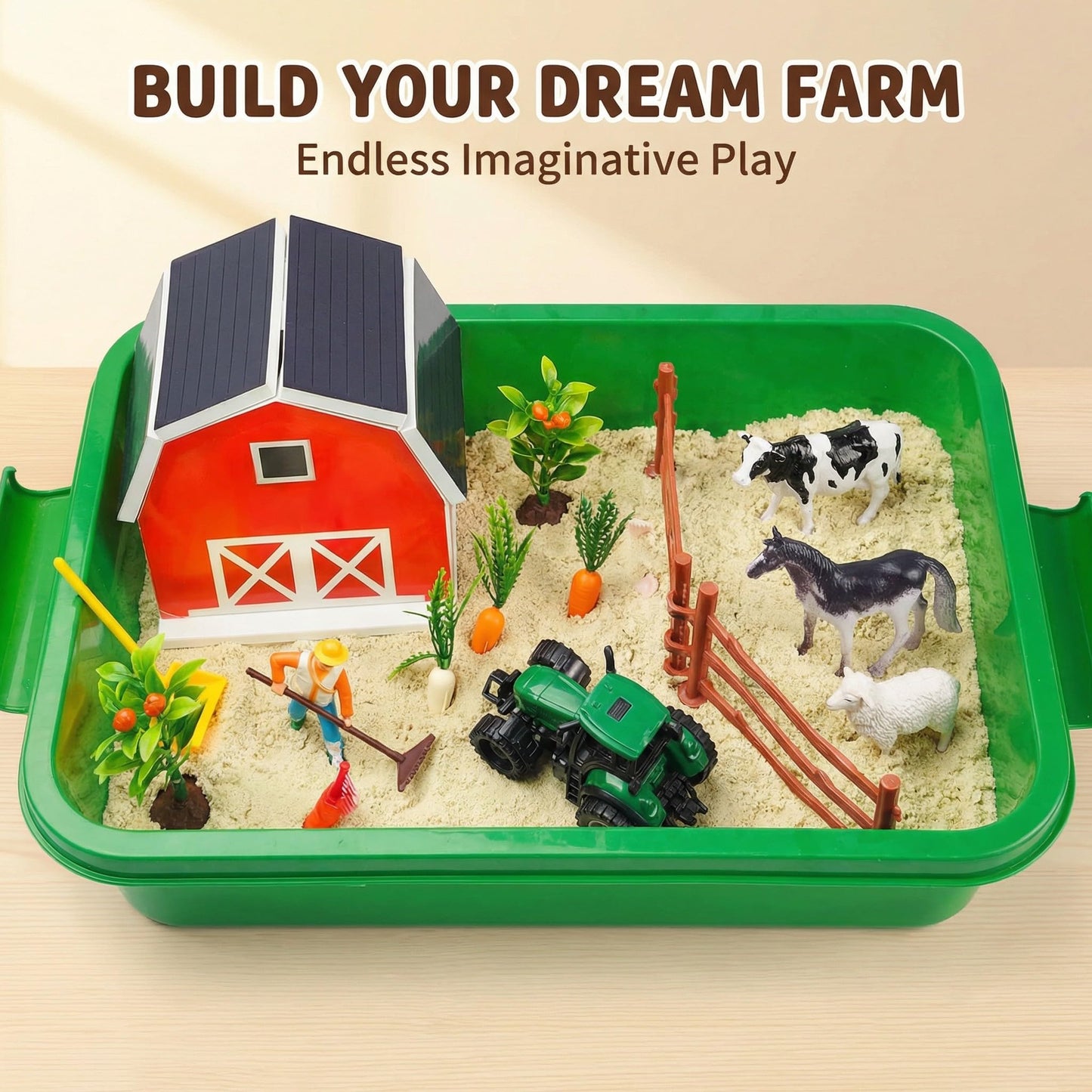 Carolart Farm Sensory Bin，Farm Animals Sand Kit with Sensory Sand，Barn Sandbox with Tractor，Sensory Play Sand Set for Kids 3 4 5 6 7