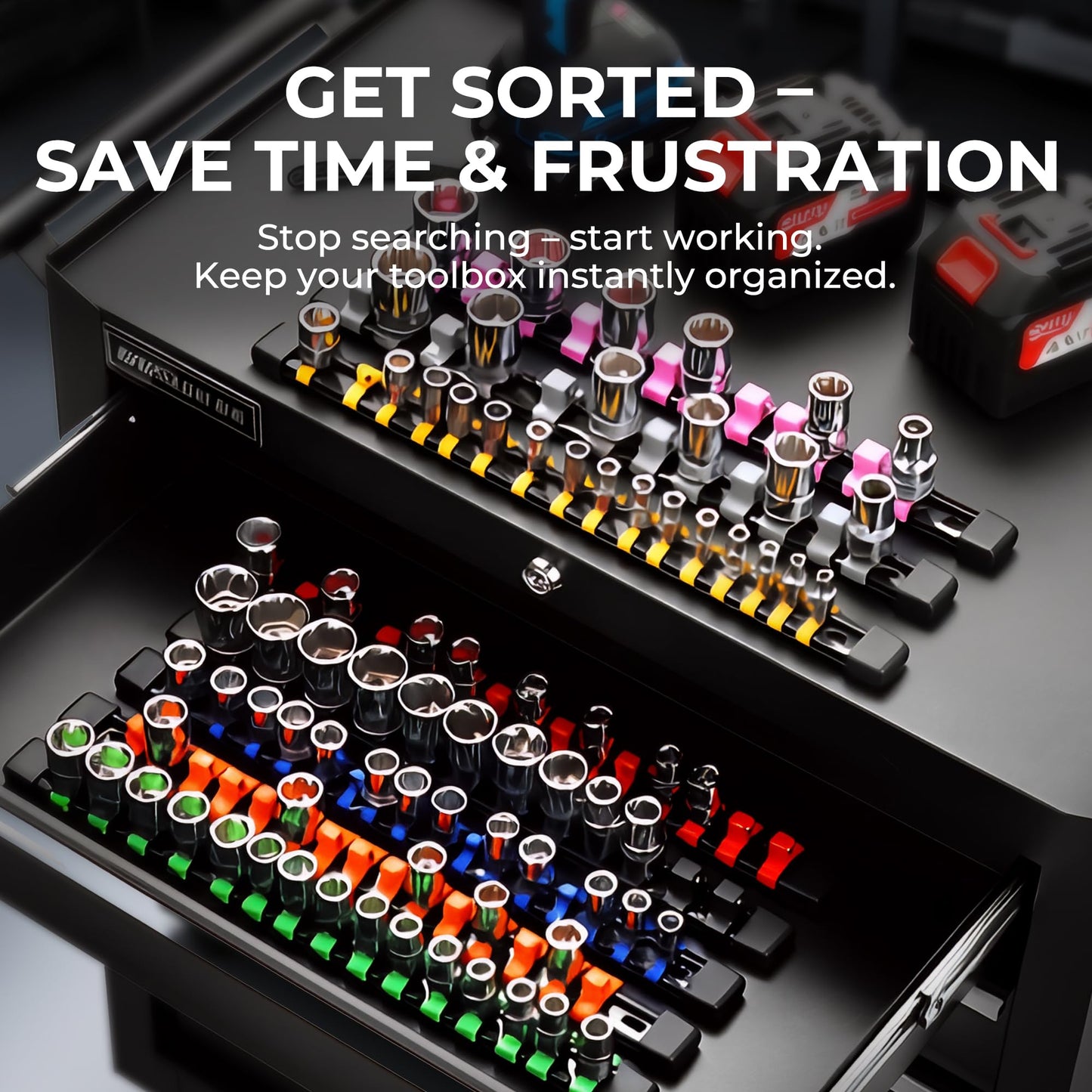 Reniteco 9-Piece Socket Organizer Set - 1/4-Inch x 48 Clips, 3/8-Inch x 45 Clips, 1/2-Inch x 36 Clips, Heavy Duty ABS Socket Holder, Premium Quality Socket Clip Rail Holder for Tool Box Drawer