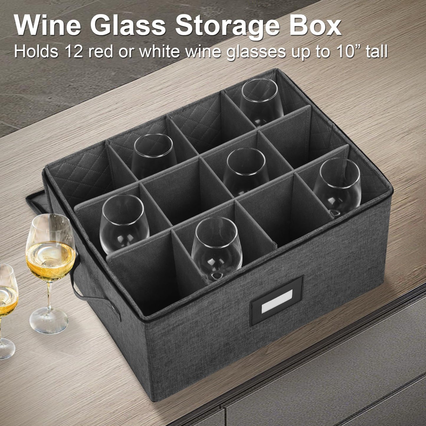 Mayniu Stemware Storage Containers, Wine Glass Storage Box with Adjustable Dividers – Hard Shell Top, Stackable for Glasses, Crystal & Glassware – Ideal for Packing, Moving & Home Organizer (Black)
