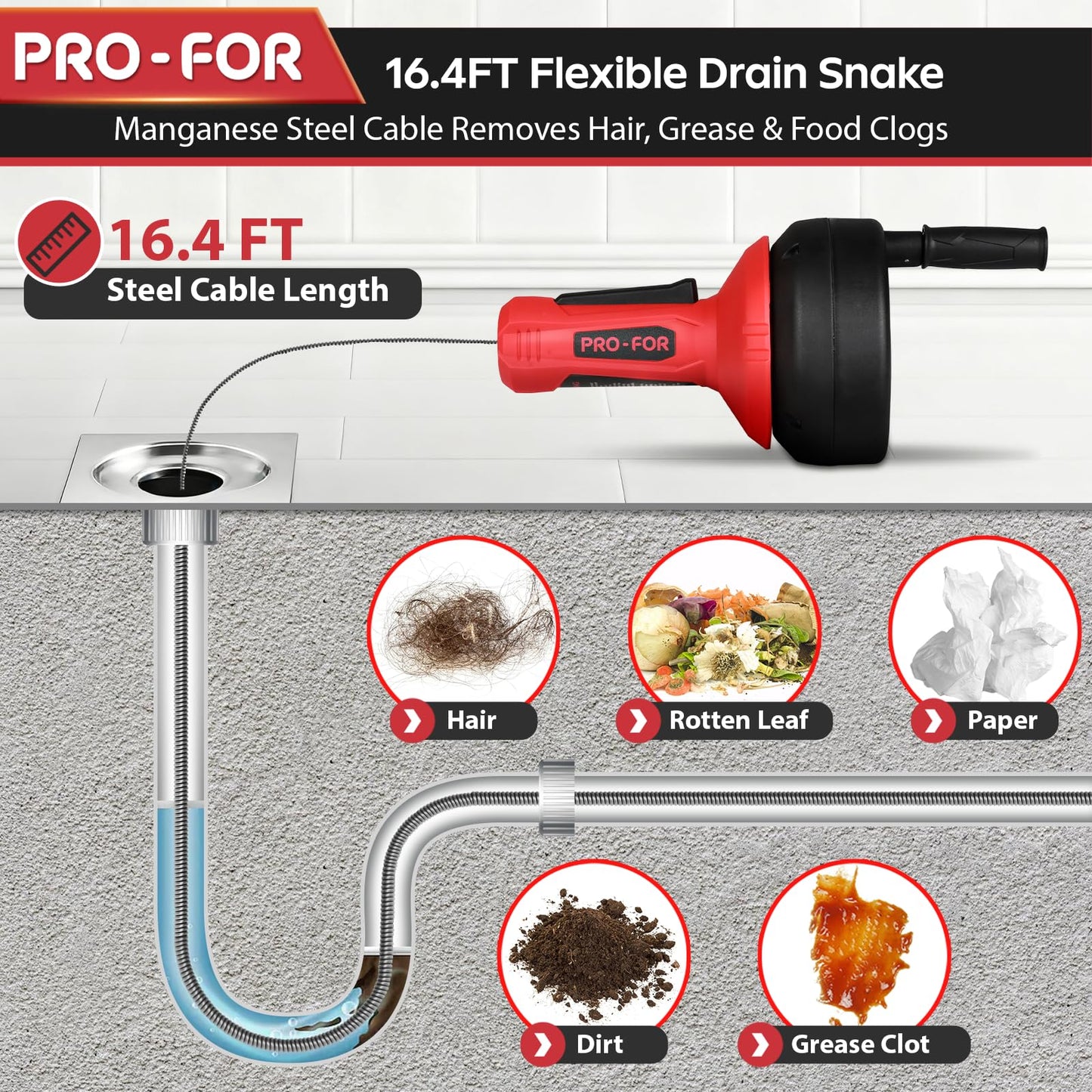PRO-FOR Drain Auger, 16.4FT Plumbing Snake Drain Clog Remover, Manual & Drill Powered Drain Snake for 0.75–2 Inch Pipes, Sink, Shower, Bathtub, Toilet, Kitchen Drain Cleaner Tool with Steel Cable