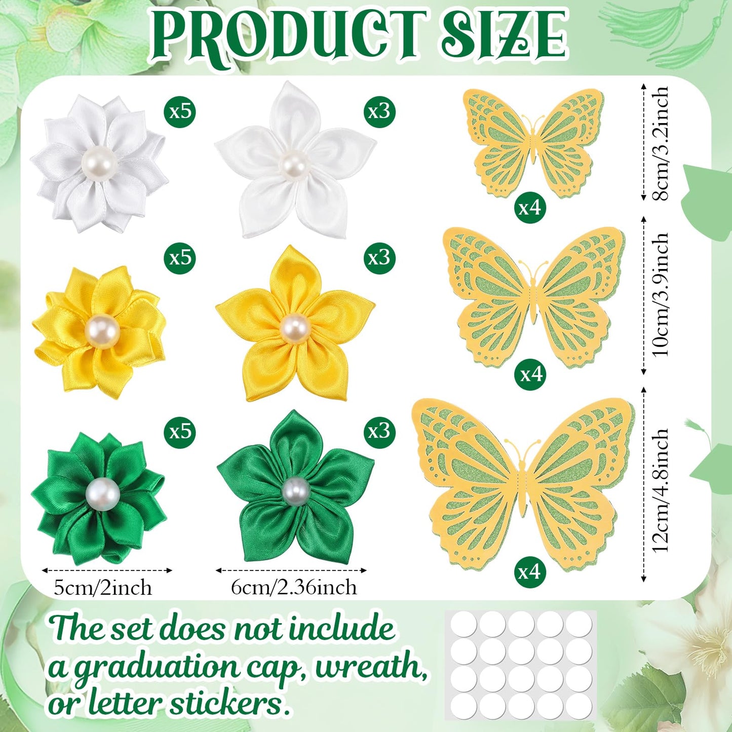 Dunzoom 36 Pcs DIY Graduation Cap Decorations Kit Graduation Ribbon Leis Decor Include Satin Fabric Flowers 3D Butterfly for Grad Hat Craft Party Supplies(Green)