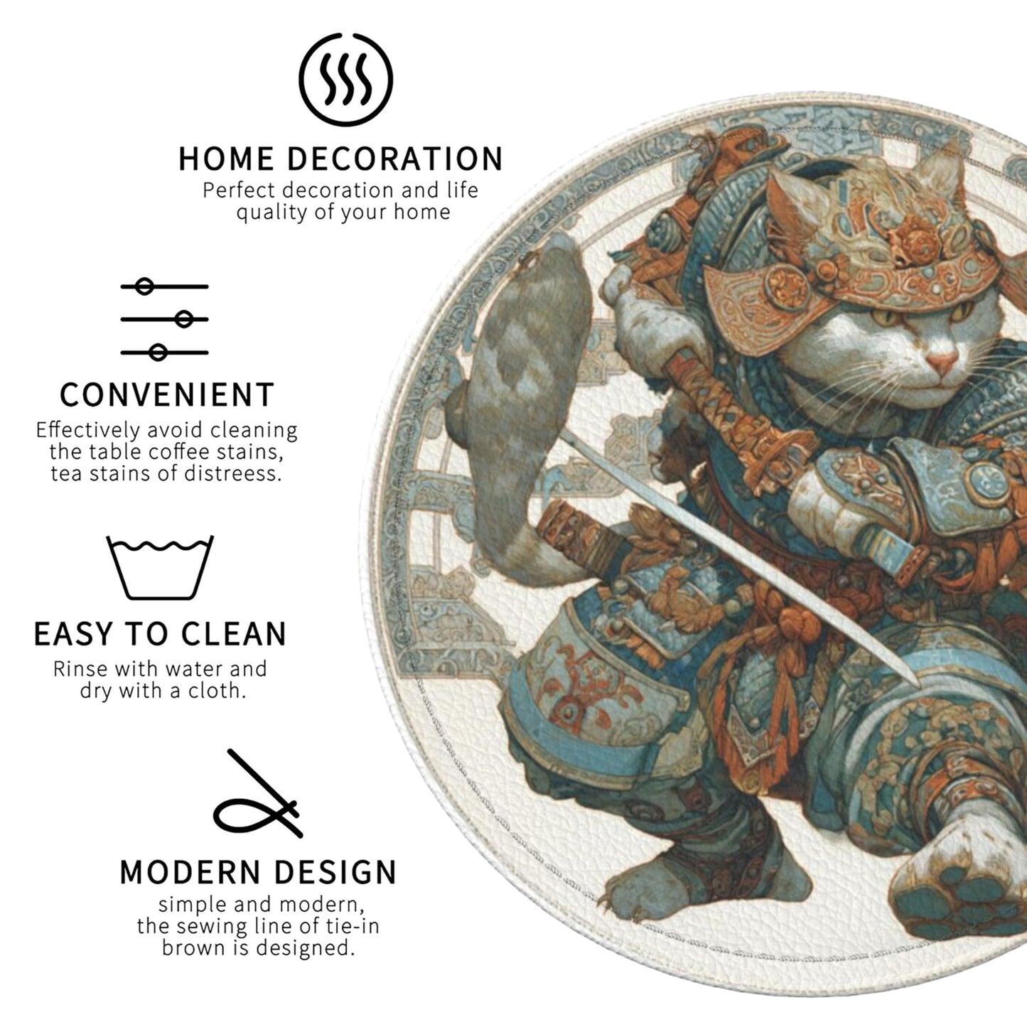 Japanese Cat Coasters Leather Round Drink Coasters 6 Pcs Set with Holderor for Cup Drink Coffee Table Bar Home Decor
