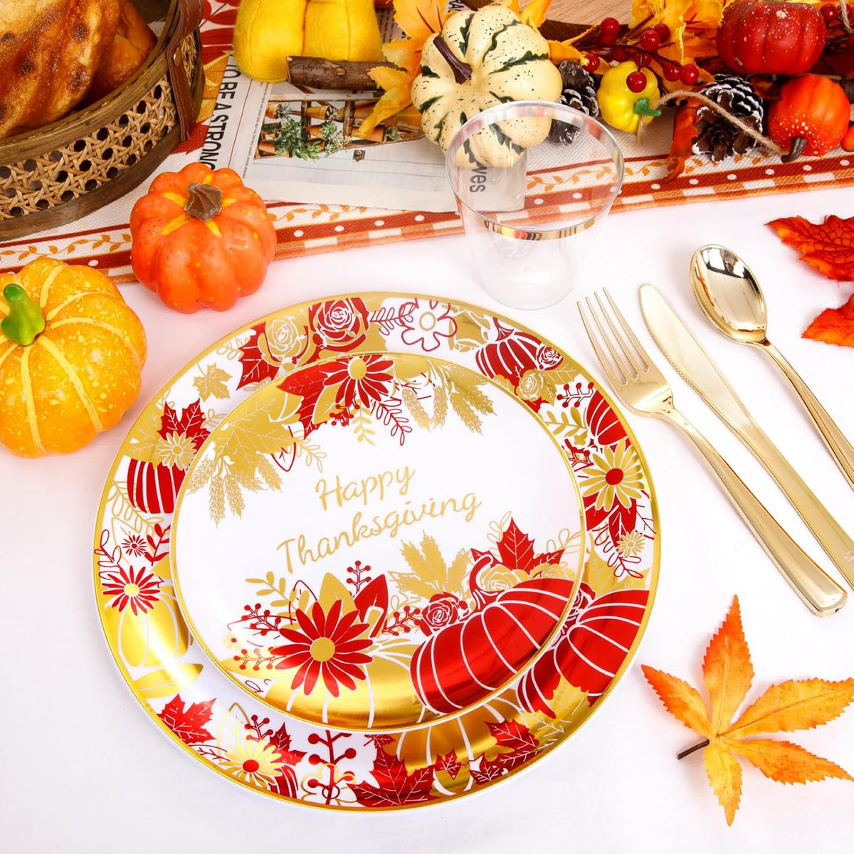 I00000 210Pcs Thanksgiving Plates Red and Gold Plastic Plate Dinnerware Set for 30 Guests Include 10.25" Dinner & 7.5" Dessert Plates, Pre Rolled Silverware Set, Cups for Party & Thanksgiving