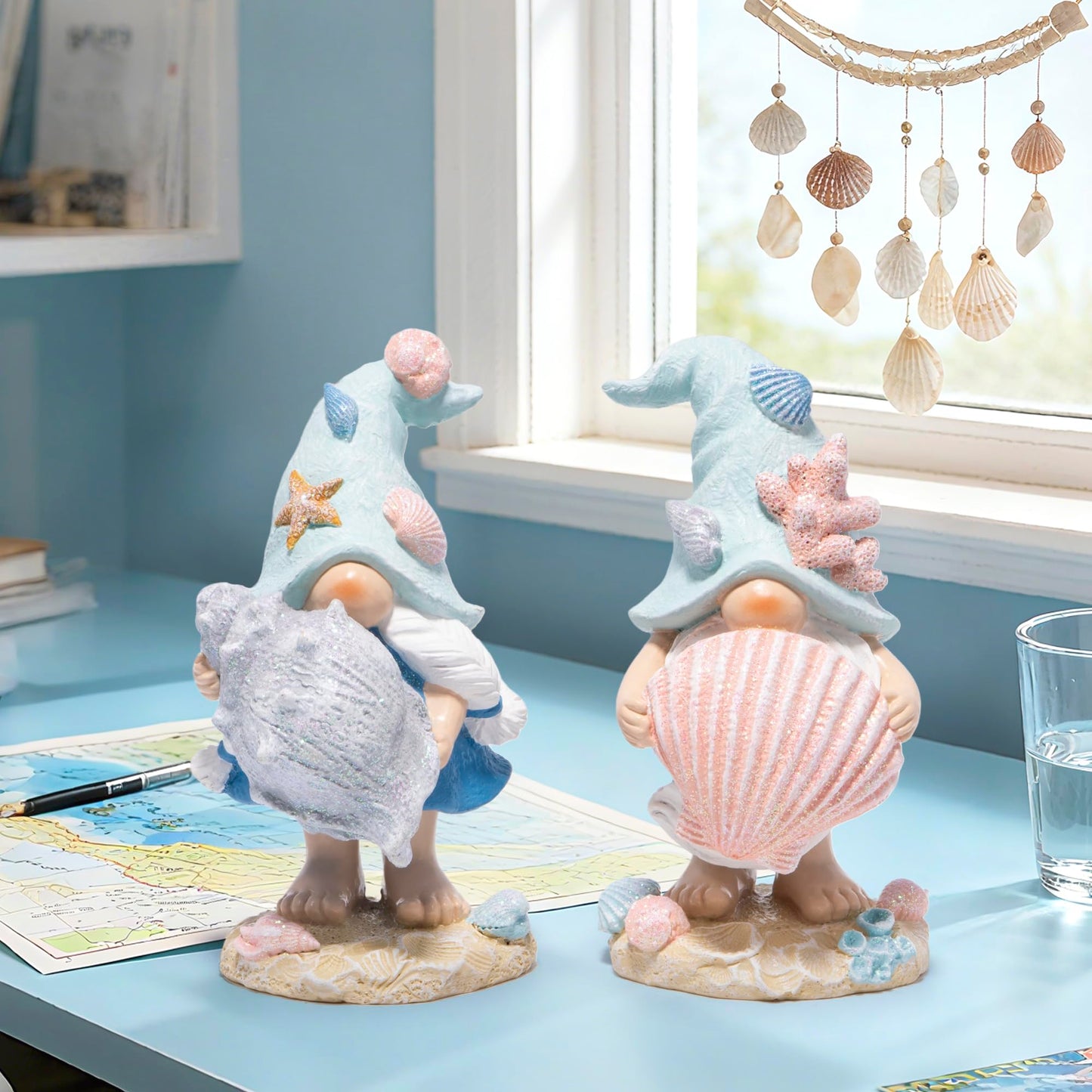 Hodao Coastal Ocean Gnome Figurines – Hand-Painted Resin Beach Gnomes with Seashell & Starfish Hats, Summer Sea Decorations for Indoor Home, Bedroom & Tabletop, for Ocean Lovers