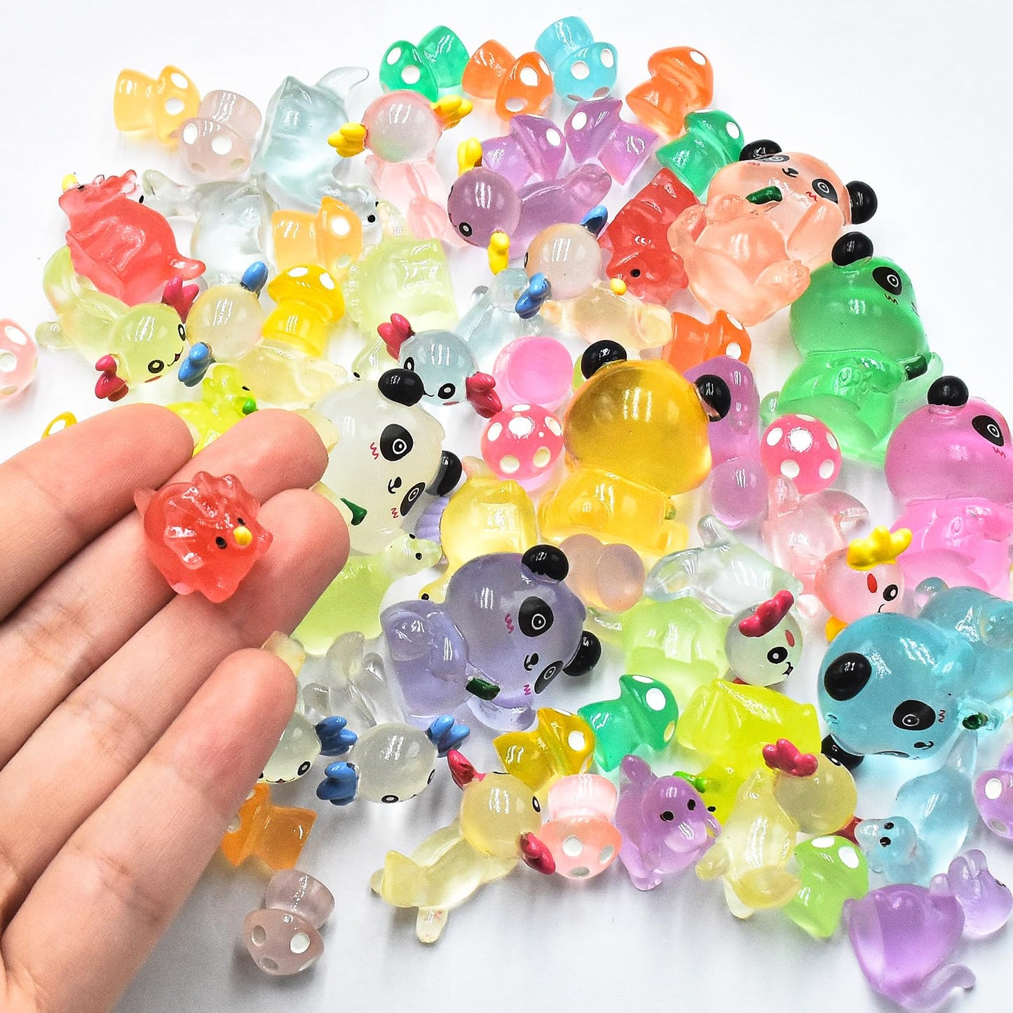 HOMICO 69 PCS Luminous Mini Resin Animals Kit Include Miniature Axolotl Panda Dinosaur Figurines and Tiny Mushroom Tiny Resin Animals for Garden Micro Landscape Aquarium Dollhouse Decor