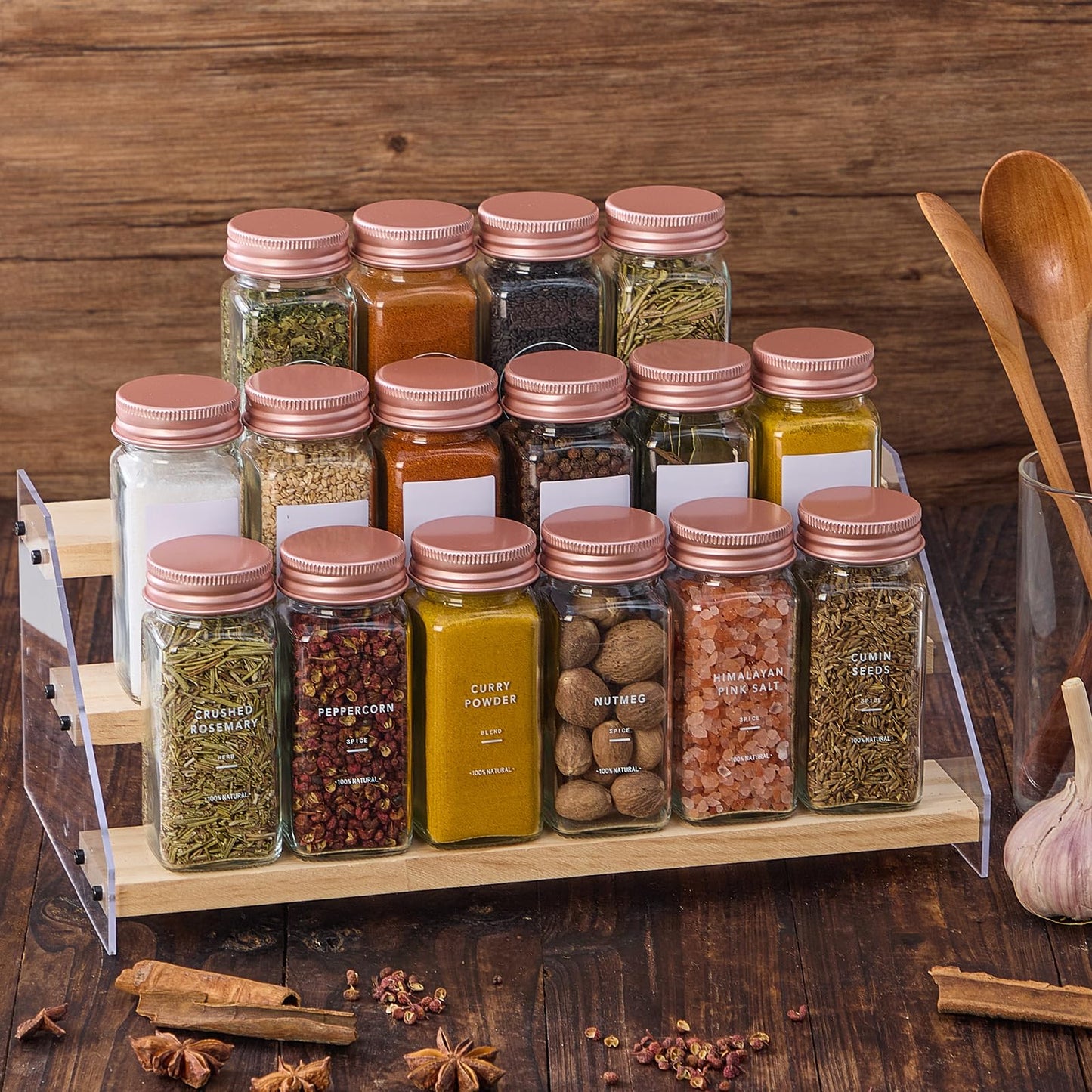 Fiwence 24 Pcs Glass Spice Jars with Labels and Pink Metal Caps, 4oz Empty Spice Containers with Shaker Lids, Funnel, Pen,Seasoning Storage Bottles for Spice Rack, Cabinet, Drawer