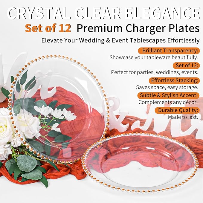 12 Pack Clear Charger Plates Bulk Wedding, 13 Inch Plastic Round Dinner Chargers with Orange Beaded Rim, Acrylic Round Decorative Plates for Wedding Party Home and Tabletop Decor (Orange)