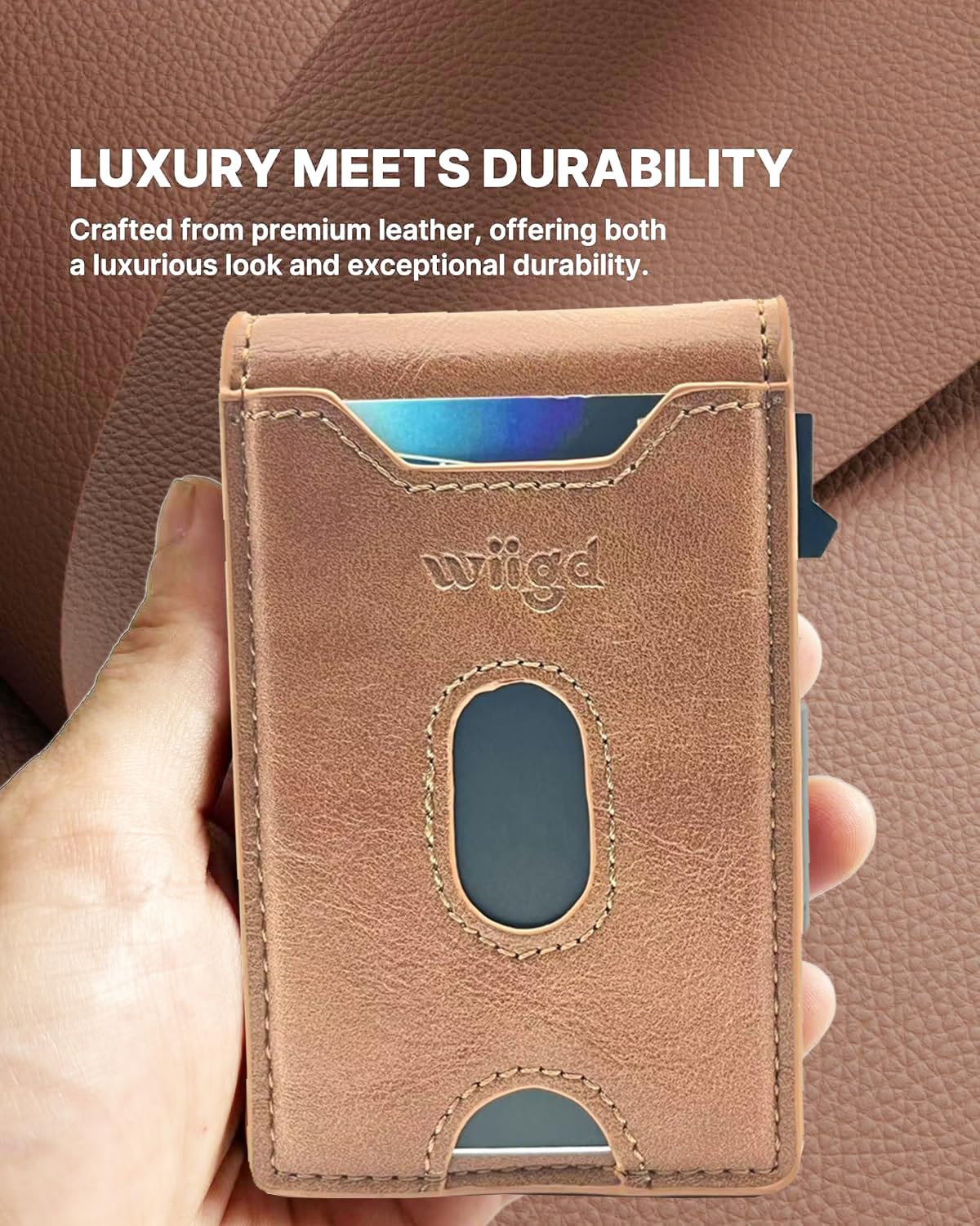 wiigd Men's Slim Bifold Wallet with Pop-Up Card Holder – RFID Blocking, Minimalist Aluminum Case, ID Window, Coin Pocket,Front Pocket Wallet with Gift Box(Brown)