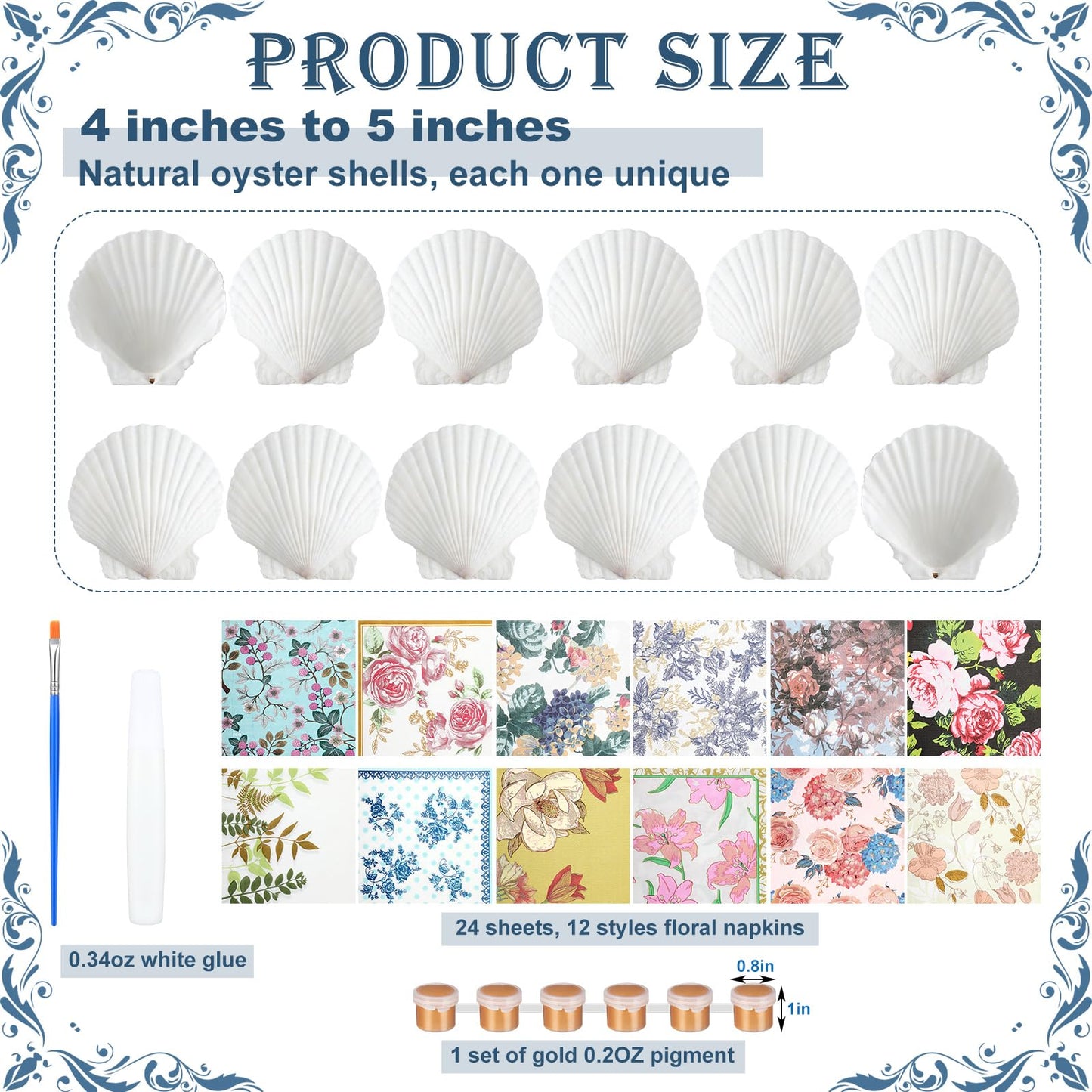 Halloscume 12 Set Scallop Shells for Crafts 4''-5'' White Natural Large Shells with 24 Pcs Decoupage Paper Napkin Acrylic Paint Strips and Brushes DIY Crafts Seashells Ornaments (Colorful Flowers)