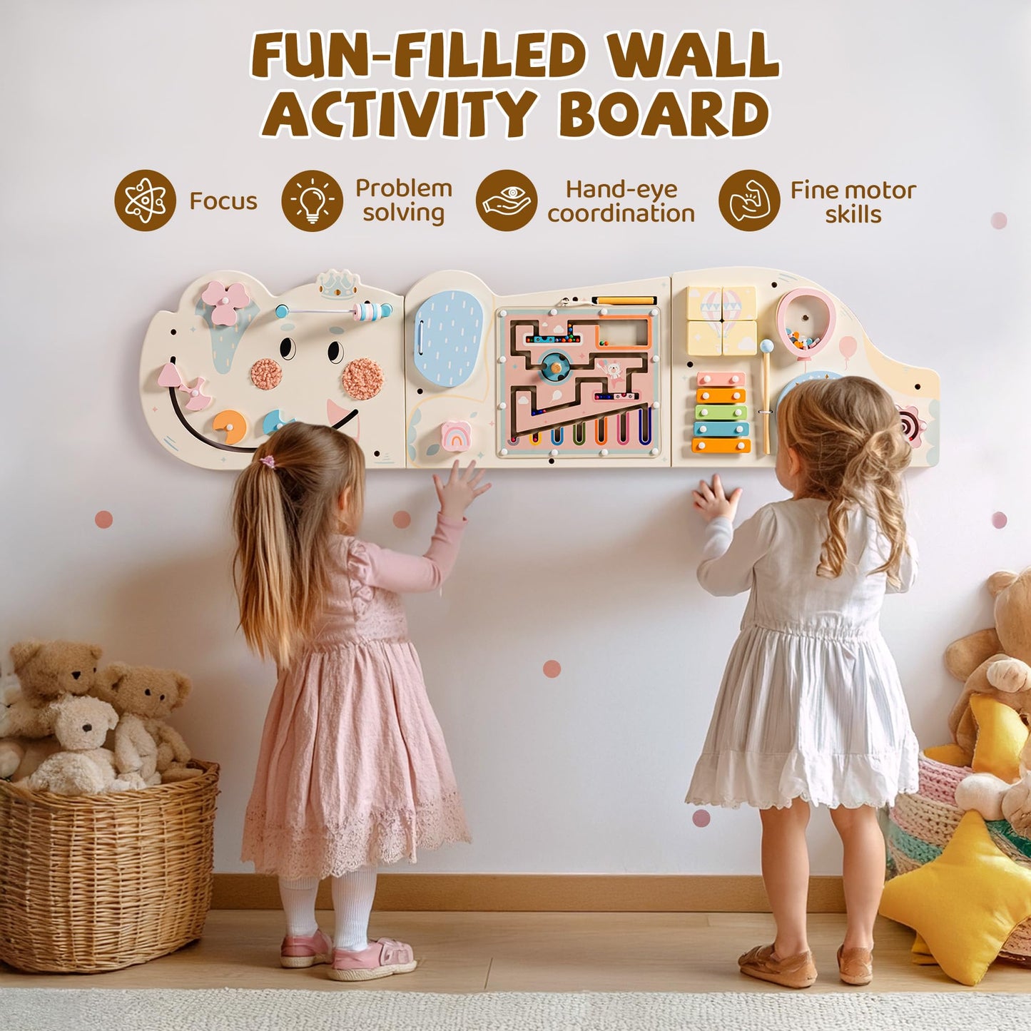 ROBUD Elephant Montessori Busy Board, 12-in-1 Activity Wall Busy Board, Montessori Sensory Wall Panel for Boys & Girls, Toddler Learning Activity Center for Playroom, Nursery, Beige