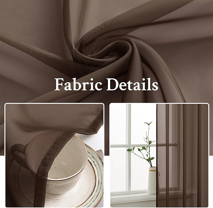MIULEE Short Chocolate Brown Sheer Curtains 45 Inches Long, Light Filtering Voile Drapes with Rod Pocket for Bathroom Windows, Small Window Treatments, 2 Panels Set