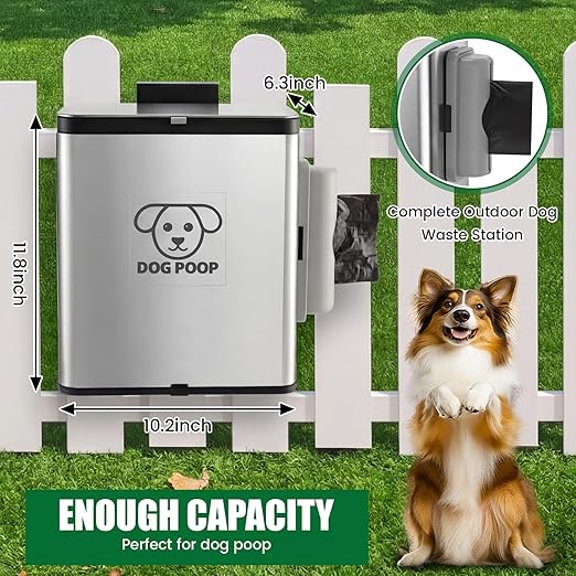 Ferrochef Dog Poop Trash Can Outside, 2.1 Gallon Dog Waste Container with Trash Bag Dispenser, Outdoor Pet Poop Bucket with Lid, Black Hanging Waste Container with Bags for Fence, Garbage, CounterTop