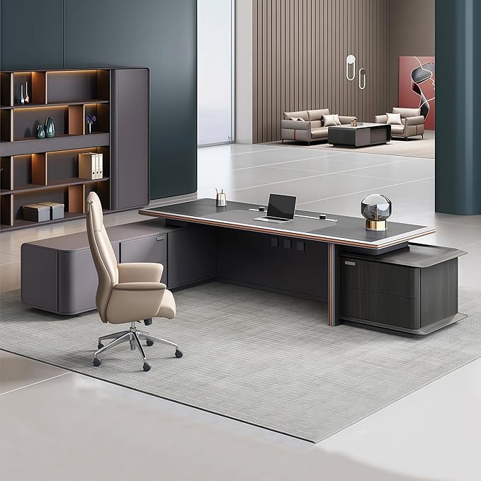 Modern Executive Desk, 78.7 inch L Shaped Desk with Storage, L Shape Corner Desk Drawers and Lockable Storage No Installation Required Without Display Racks and Bookshelves