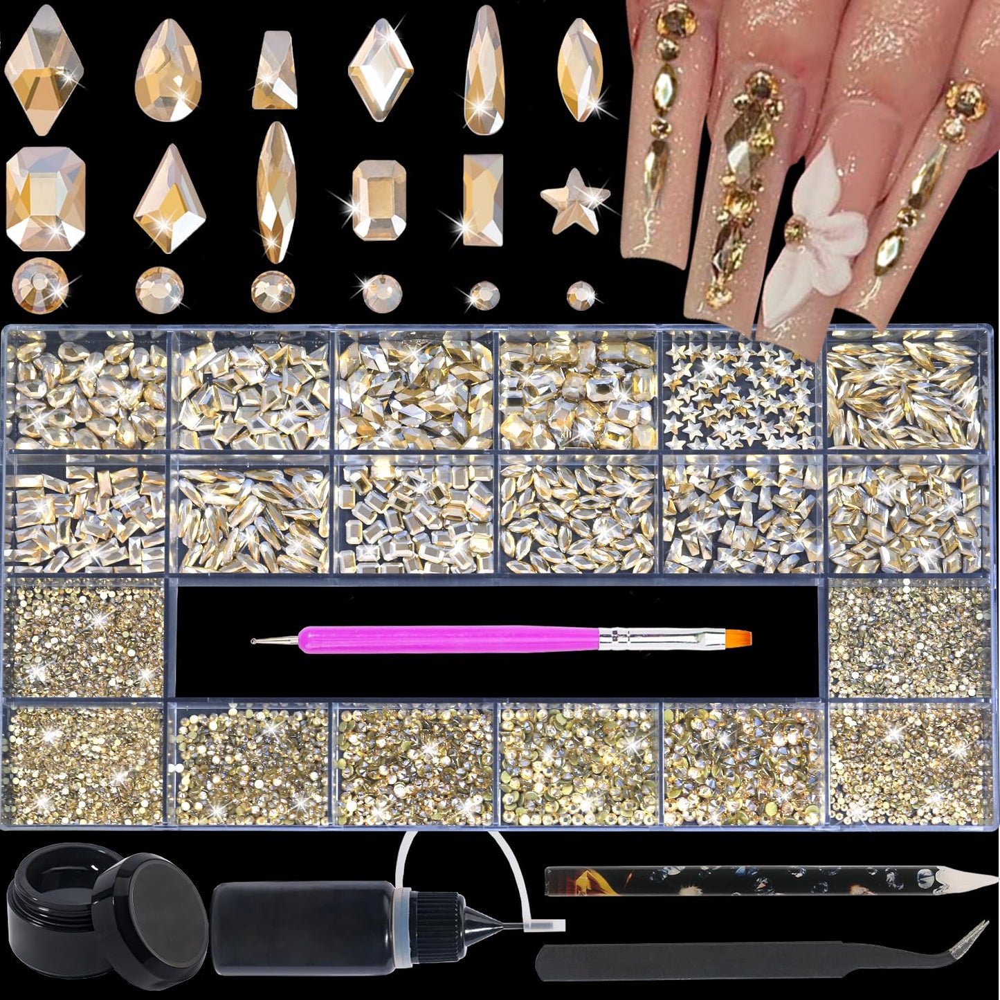 HNUIX Nail Rhinestones - 4550pcs Champagne Gold, Multiple Shape Gems, Flatback Crystal Rhinestones, with Kit and Glue Gel, for Nail Art