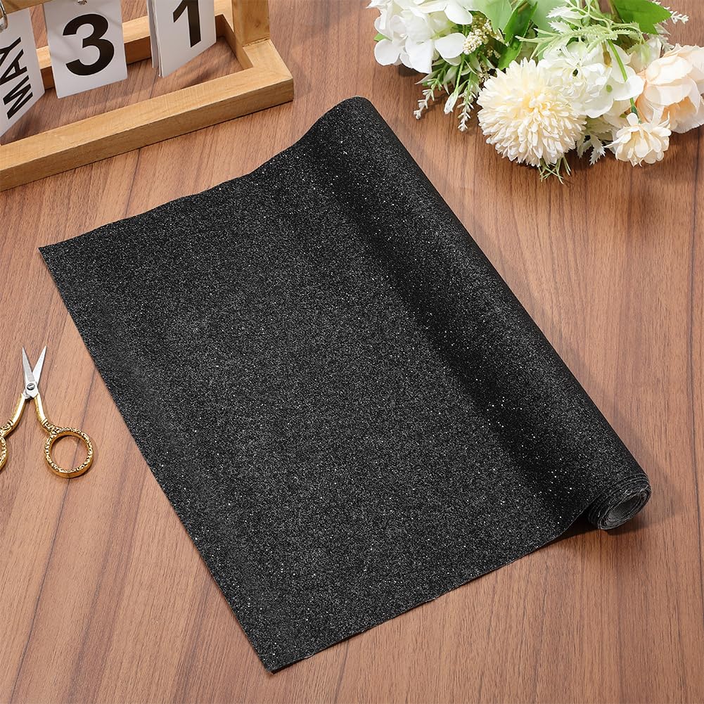 CALFOVERA 53.94×11.81 Inch Sparkle Glitter PU Leather Rolls Solid Fabric Sheets Shiny PU Leather Sheet Vinyl Material Leatherette Canvas for DIY Crafts Wedding Sewing Making Earrings (Black)