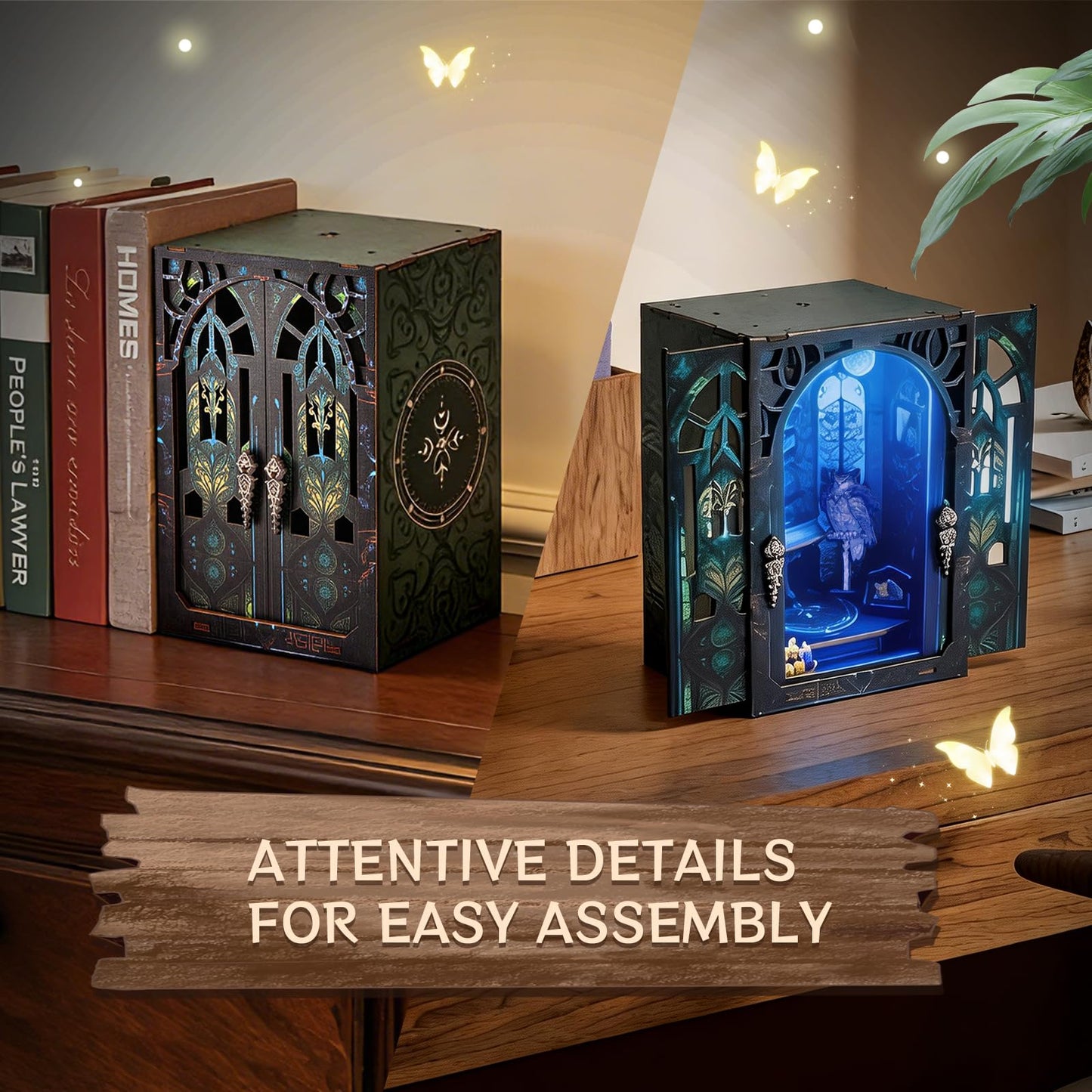 DIY Book Nook Kit Miniature Dollhouse with LED Light, 3D Wooden Bookshelf Insert Reading Corner Bookshop, Mini Library Model Building Kit for Adults Teens, Book Nook Shelf Decor Gift for Book Lovers