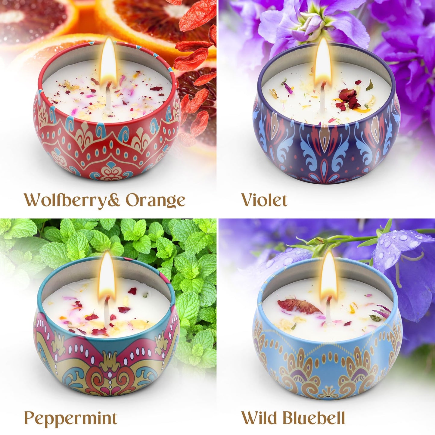 Scented Candles Gift Set for Women 4 Pack Soy Wax Candles with Dried Flowers Reusable Tin Aromatherapy Relaxation Gift for Birthday Mothers Day Valentines Day