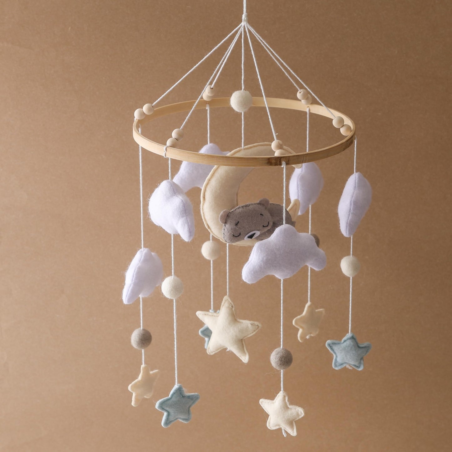Baby Crib Mobile – Handmade Moon Bear Nursery Mobile, Mobile for Crib Neutral Felt Clouds Stars Hanging Toy, Beech Wood Ring Bassinet Mobile Baby Mobile Decor Gift