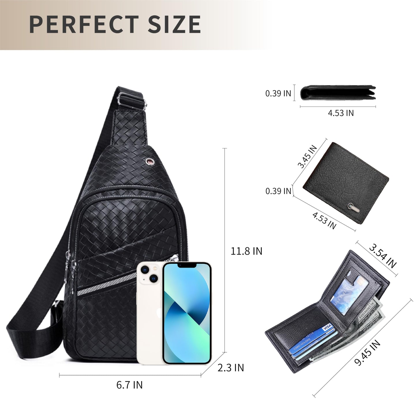 2 Pack Sling Bag Set, PU Leather Sling Bag with Classic Wallet, Multi-Zipper Design for Travel, Outdoors