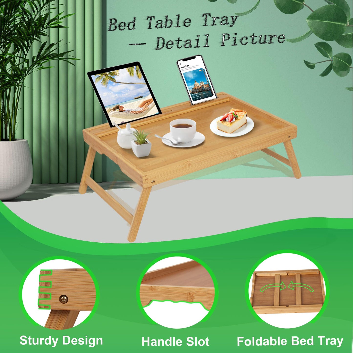 Asuthzon Bed Tray Table with Foldable Legs, Breakfast Food Trays for Eating on Couch with Media Slot for Bed, Eating, TV Tray, Kitchen Serving Tray(Bamboo, Medium)
