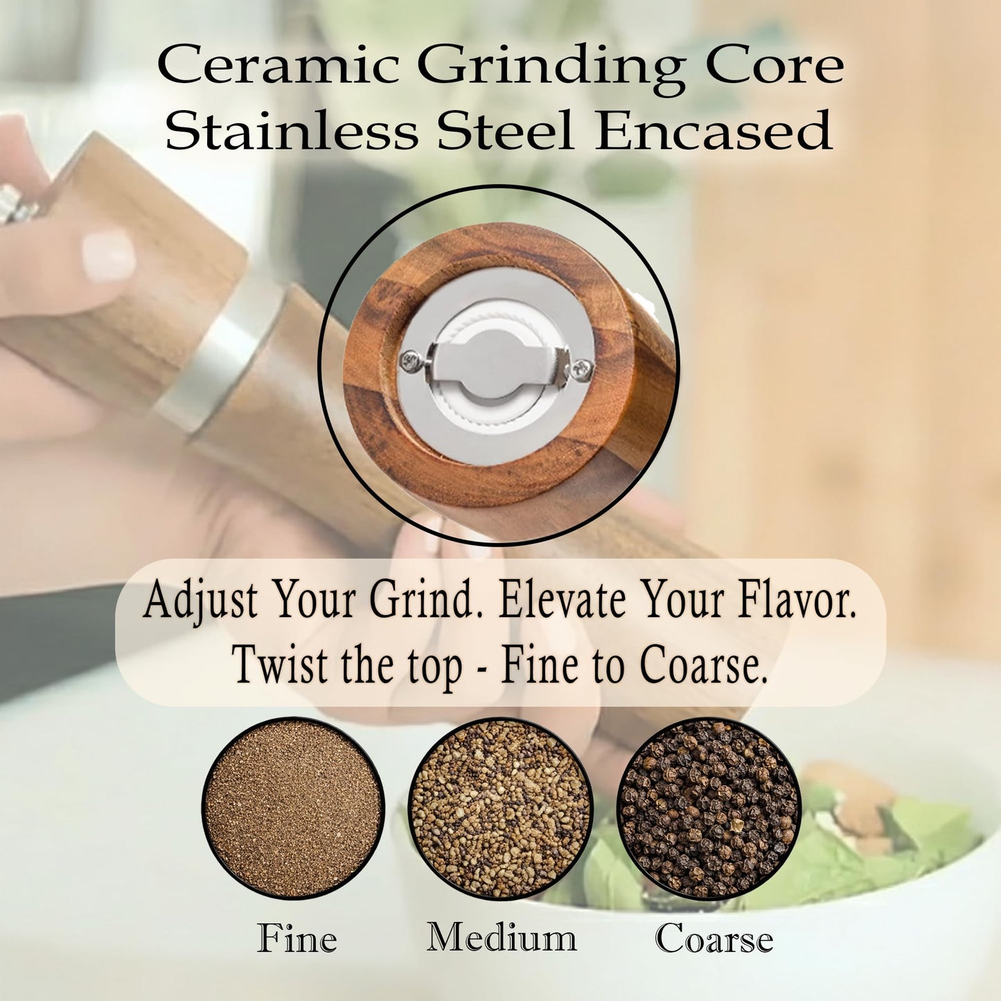 Premium Acacia Wood Salt & Pepper Grinder Set, 8-Inch Manual Mills with Adjustable Coarseness, Ceramic Core, Matching Tray, Spoon & Cleaning Brush – 2 Pack