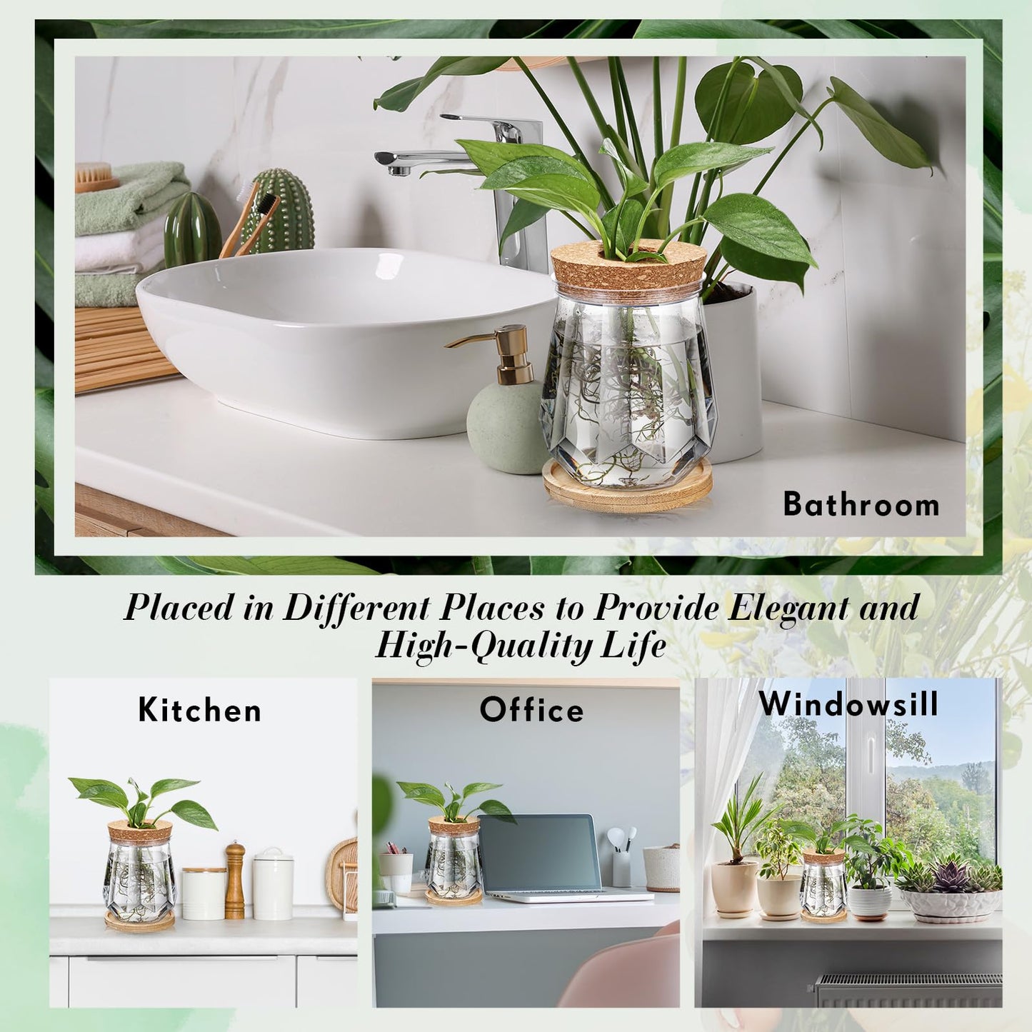 Baderke 12 Packs 4.7" Large Plastic Propagation Vases for Plants with Hole Lid and Bamboo Stand Growing in Water Hydroponic Home Office Desktop Vase Decoration