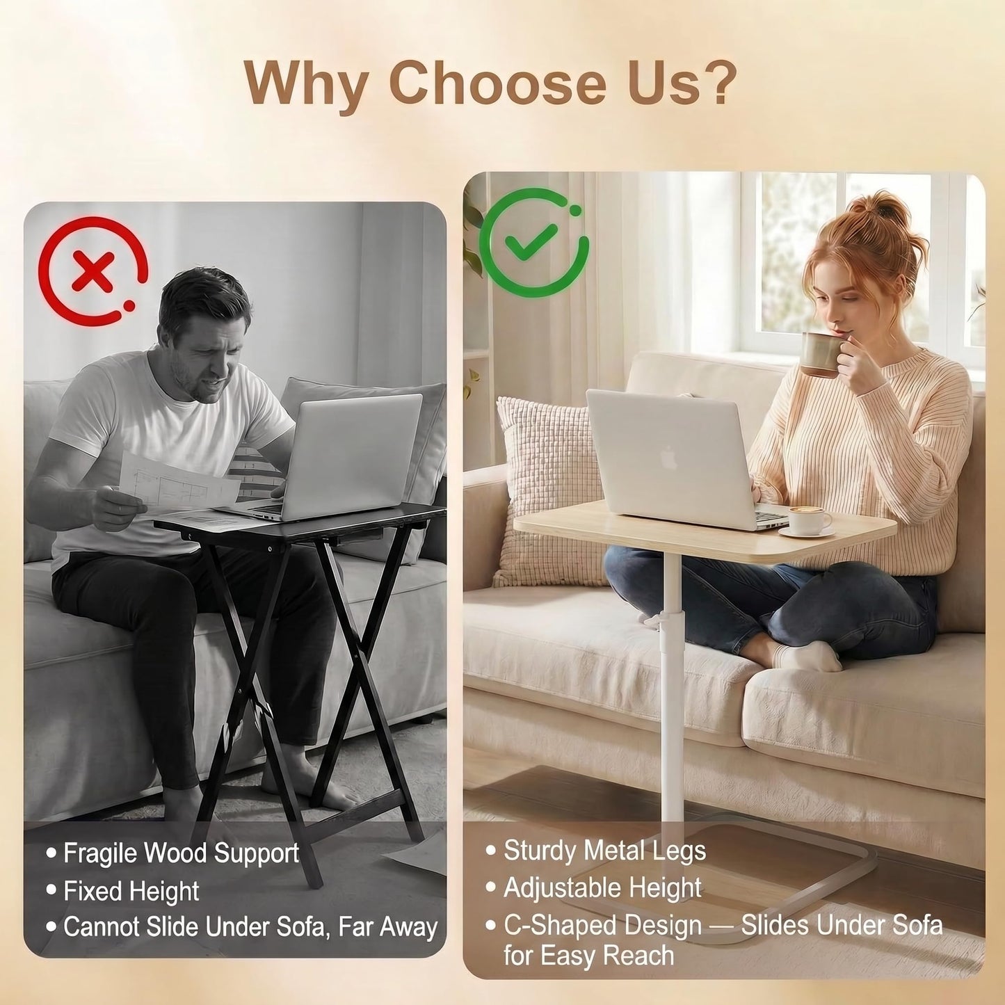YUHFERA Large TV Tray Table Set of 2, C-Shaped Side Table with Adjustable Height & Rounded Corners, Snack Table for Couch, Bed or Recliner, for Laptop, Eating & Working, Oak