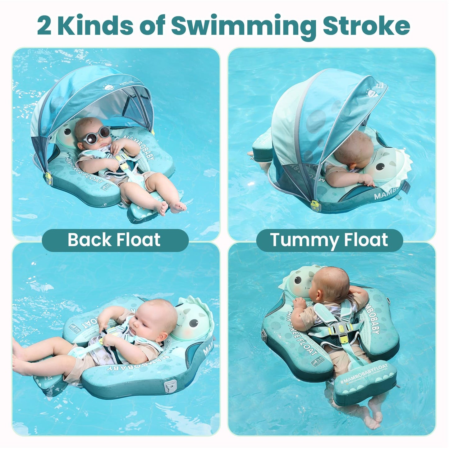 Mambobaby Float Non-Inflatable Baby Float with Canopy, Five-Point Safety System, 3D Canopy(Detachable) UPF 50+, Baby Pool Floats for 3-24 Months, Dual-Mode Toddler Swim Floaties