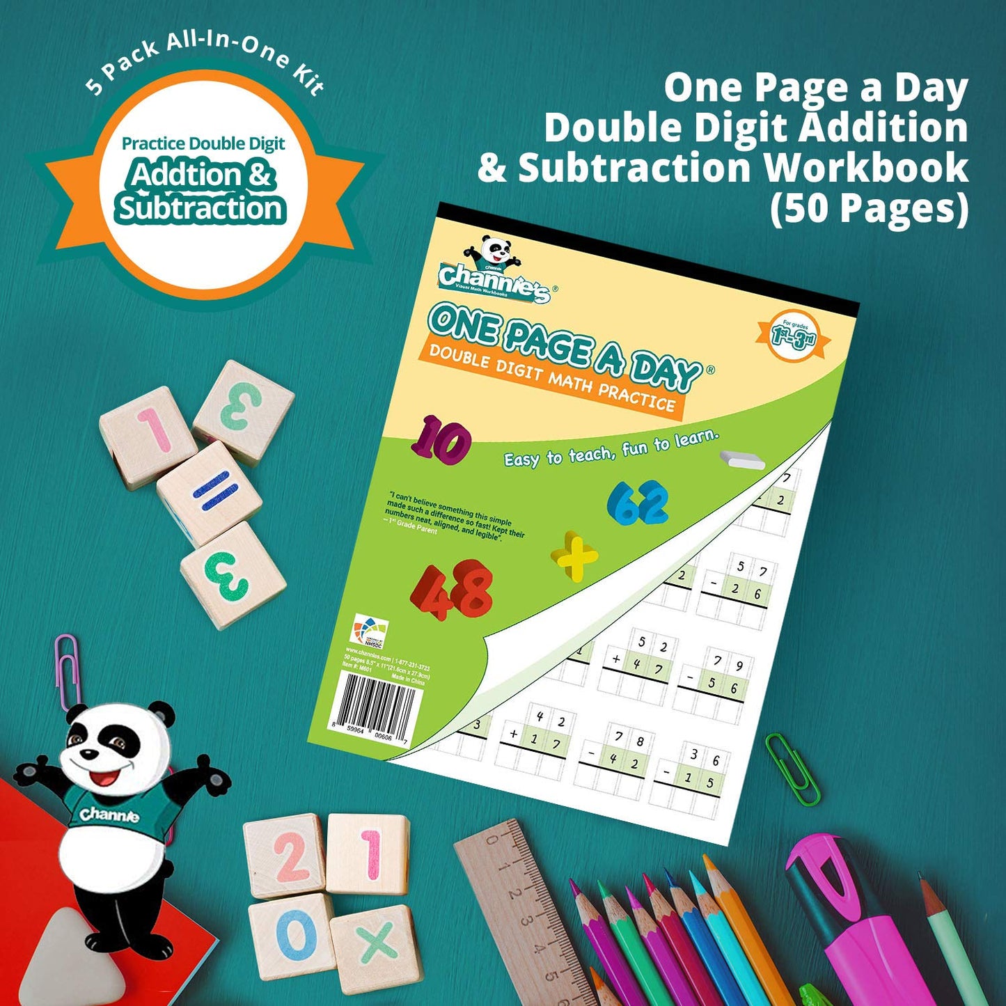 Channie’s All-in-One Kit, with Double & Triple Digit Math Practice Worksheets, Writing Pad, Math Line-Up Pad, Easy Peasy Cursive Handwriting Workbook for Kids, Free ABC Card
