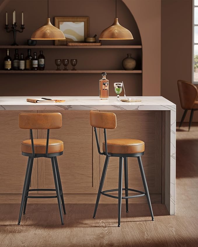 VASAGLE EKHO Collection - Bar Stools Set of 2, Swivel Counter Height Bar Stools with Back, Synthetic Leather with Stitching, Mid-Century Modern, 25.6-Inch Tall Barstools for Kitchen Bar, Caramel Brown