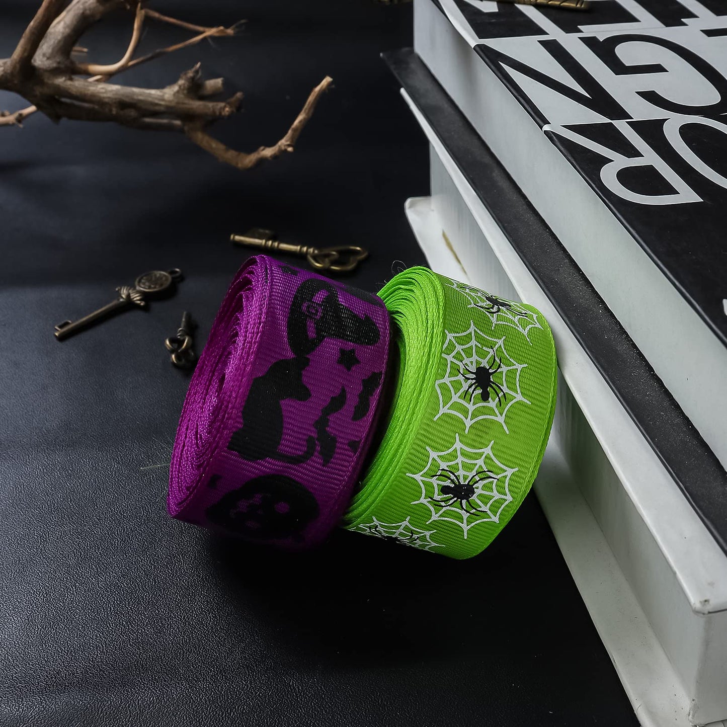 Linsoir Beads 70 Yards Halloween Grosgrain Ribbons Bat Spider Printed Ribbons Witch Hat Skull Pumpkin Ghost Printed Ribbons Assorted Halloween Decorative Wrapping Ribbons for Halloween Home Wreath