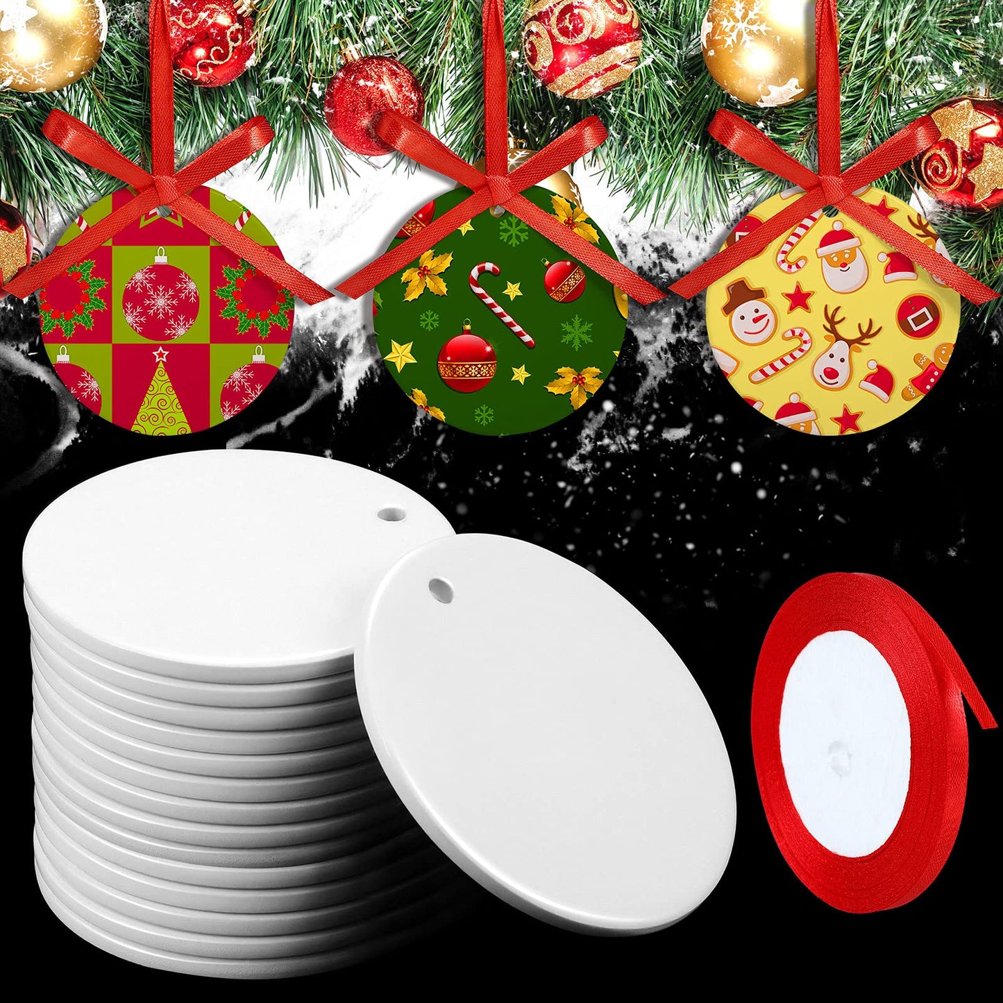 Patelai 15 Pieces Christmas Sublimation Ceramic Ornaments 3.15 Inch Round White Ceramic Christmas Ornaments DIY Blanks with Red Satin Ribbon Decoration