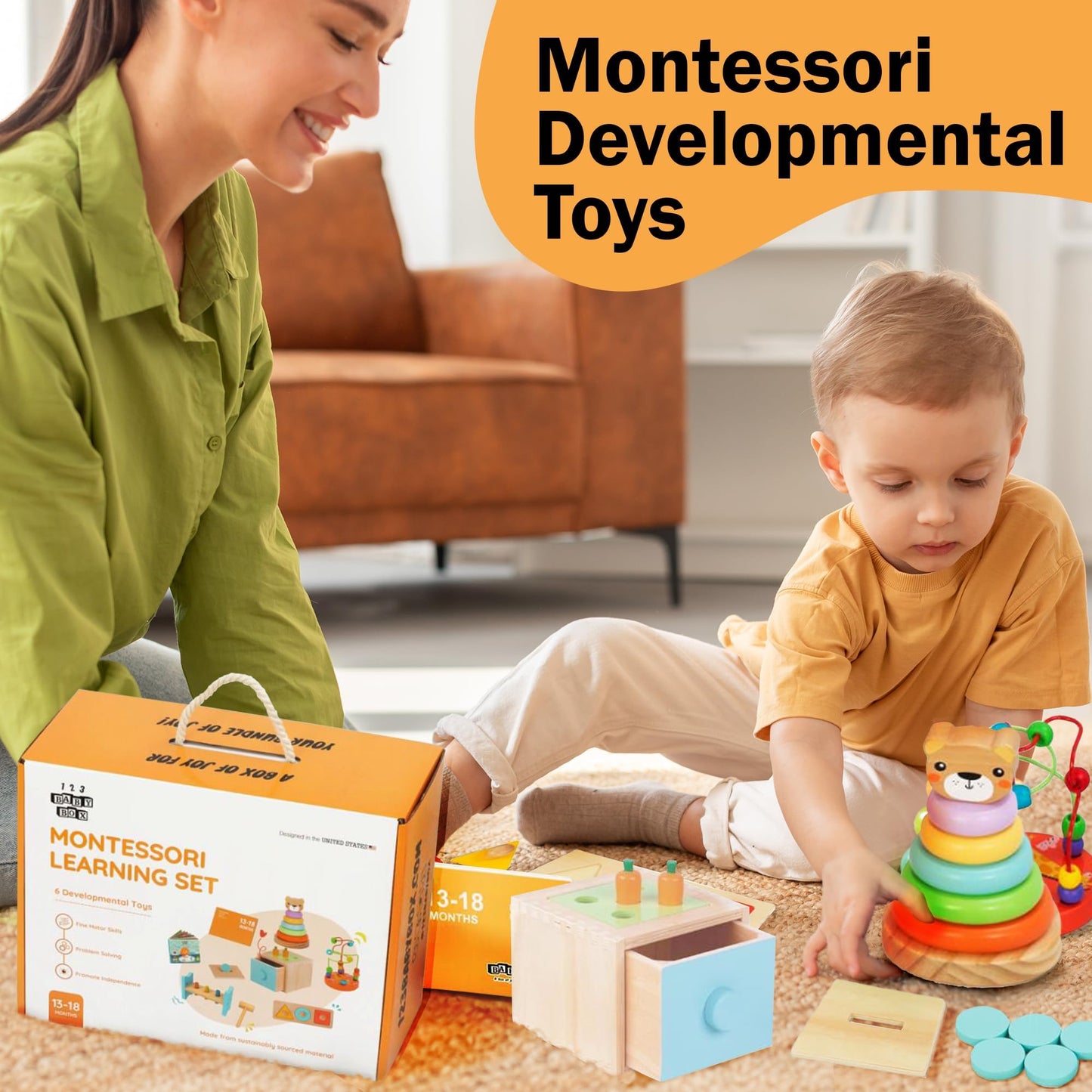 123 BABY BOX 6-in-1 Montessori Learning Toys for 13-18 Months - Toddler Developmental Activity Set with Bear Tower, Pound Bench, Beads Coaster & More Educational Wooden Toys