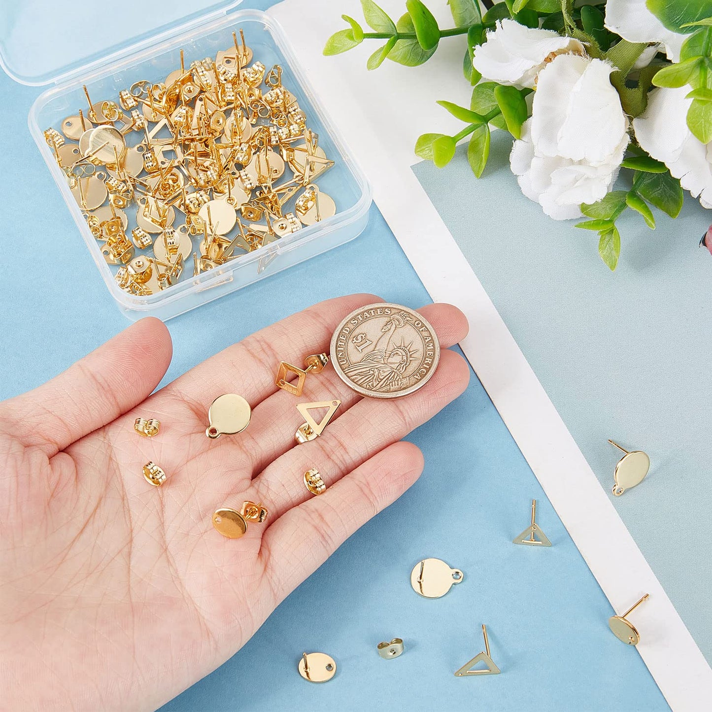 Beebeecraft 1 Box 80Pcs 4 Style 24K Gold Plated Stud Earring Findings Stainless Steel Triangle Oval Rhombus Flat Round Stud Earring Posts with Loop and Ear Nuts for Women Jewelry Making
